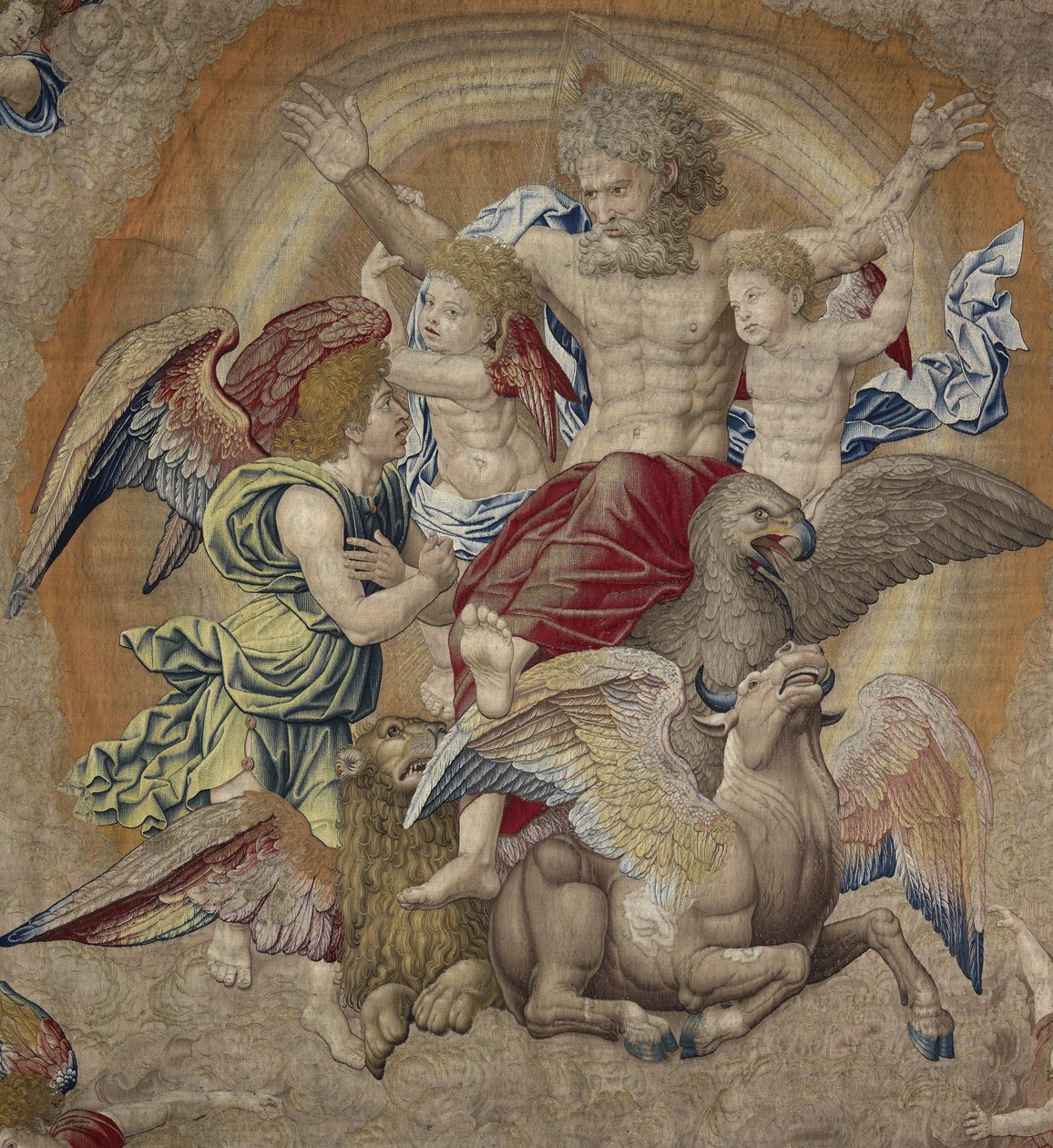 Isä Jumala neljännen apostolin symboleilla (tetramorfos), joka tunnetaan nimellä Kolminaisuus tekijältä Pieter Coecke van Aelst
