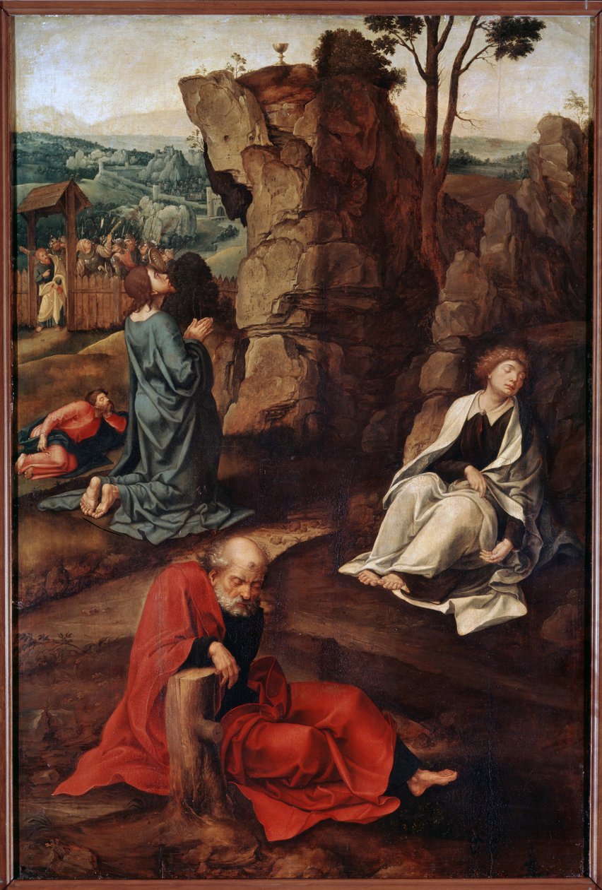 ""Rukous öljypuutarhassa"" (Agony in the Garden) Viimeisen illallisen jälkeen Kristus menee Getsemanen kukkulalle, joka hallitsee Jerusalemia apostolien kanssa. Roomalaiset sotilaat Juudaksen avustajat lähestyvät pidättääkseen hänet. Pieter Coen maalaus tekijältä Pieter Coecke van Aelst