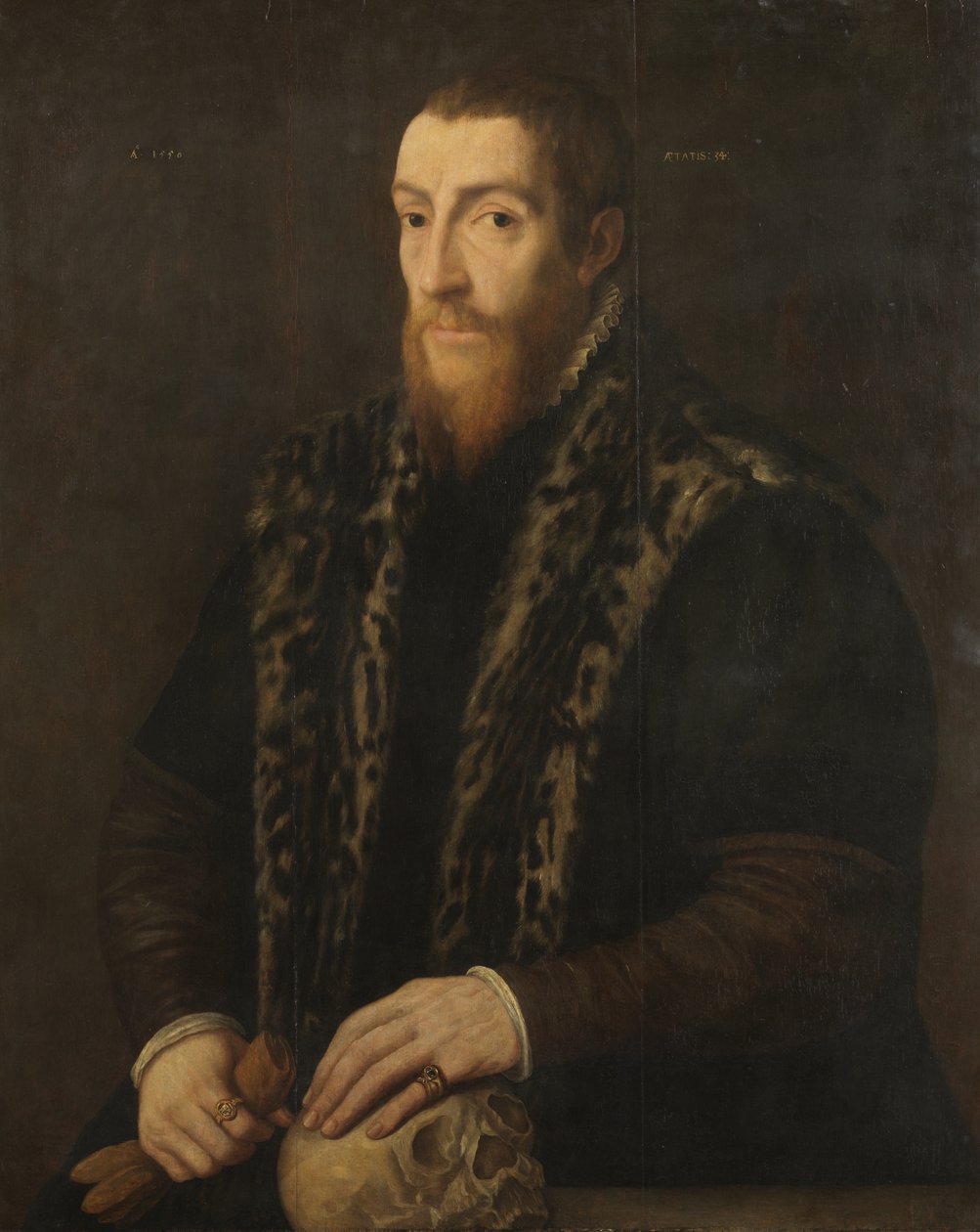Muotokuva miehestä, jolla on pääkallo, 1550 tekijältä Pieter Coecke van Aelst