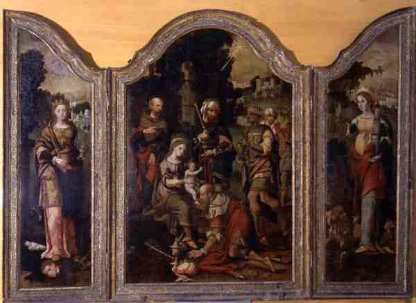 Triptyykki, joka kuvaa Maagien palvontaa ja kahta pyhimystä (öljy paneelissa) tekijältä Pieter Coecke van Aelst