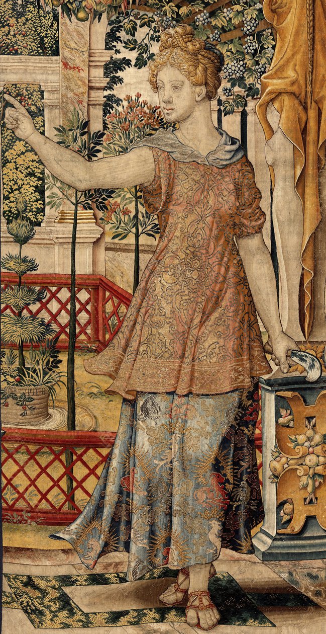 Vertumnus ja Pomona: Vertumnus muuttui maanviljelijäksi, n. 1550 (kulta, villa ja silkki) tekijältä Pieter Coecke van Aelst
