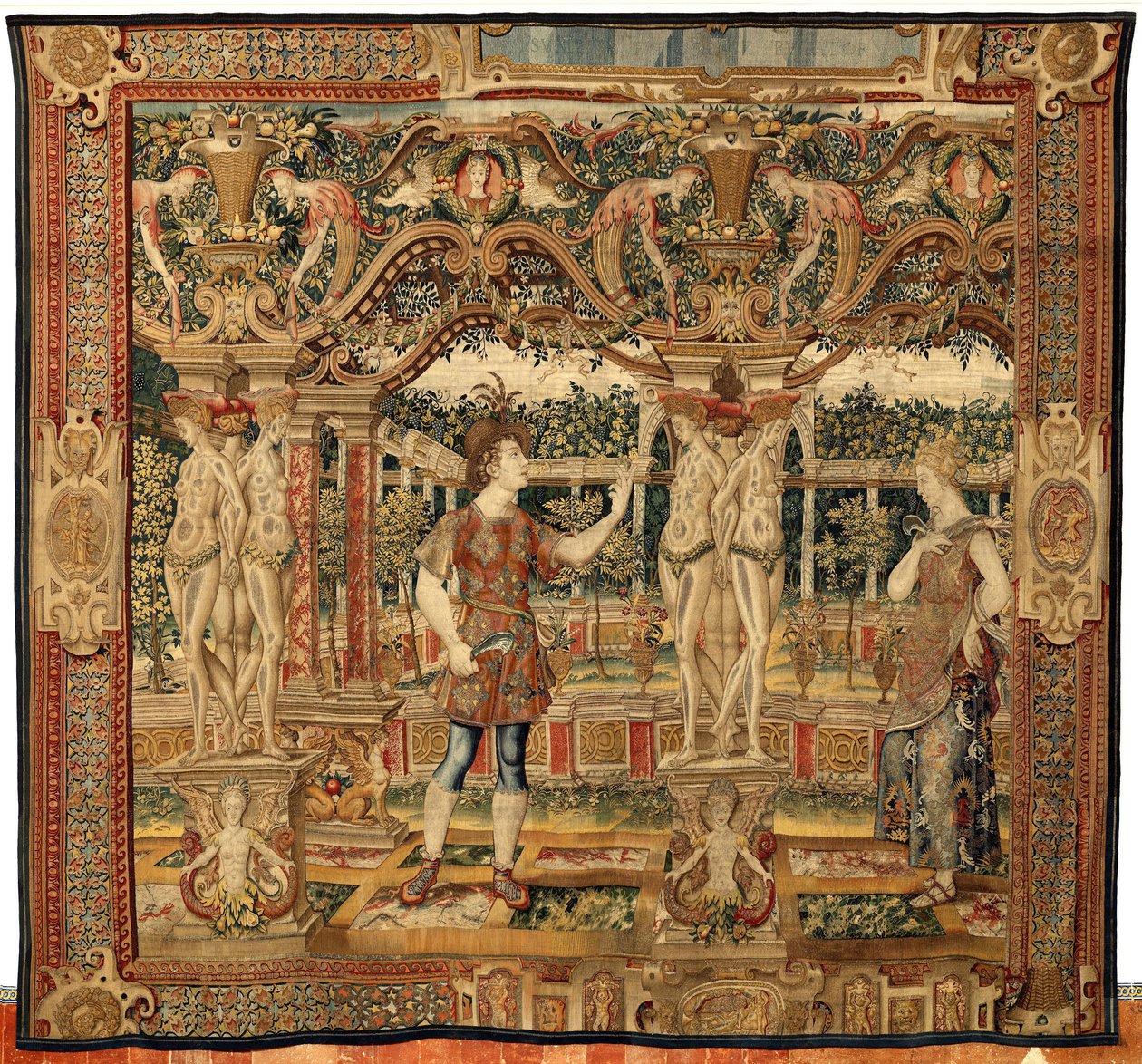 Vertumnus ja Pomona: Vertumnus muuttui oksaksi, n. 1550 (kulta, villa ja silkki) tekijältä Pieter Coecke van Aelst
