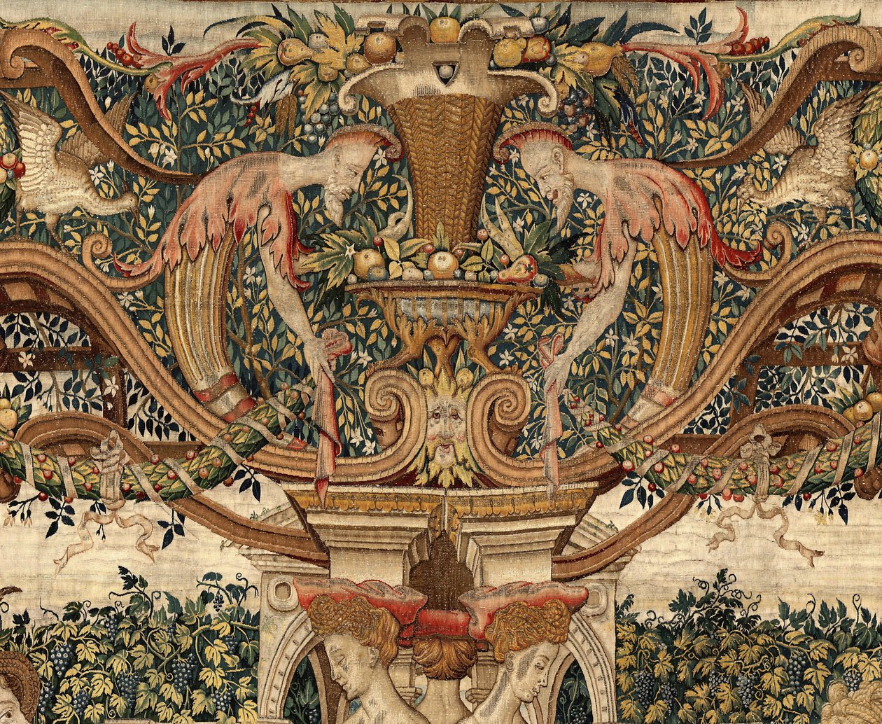 Vertumnus ja Pomona: Vertumnus muuttui oksaksi, n. 1550 (kulta, villa ja silkki) tekijältä Pieter Coecke van Aelst