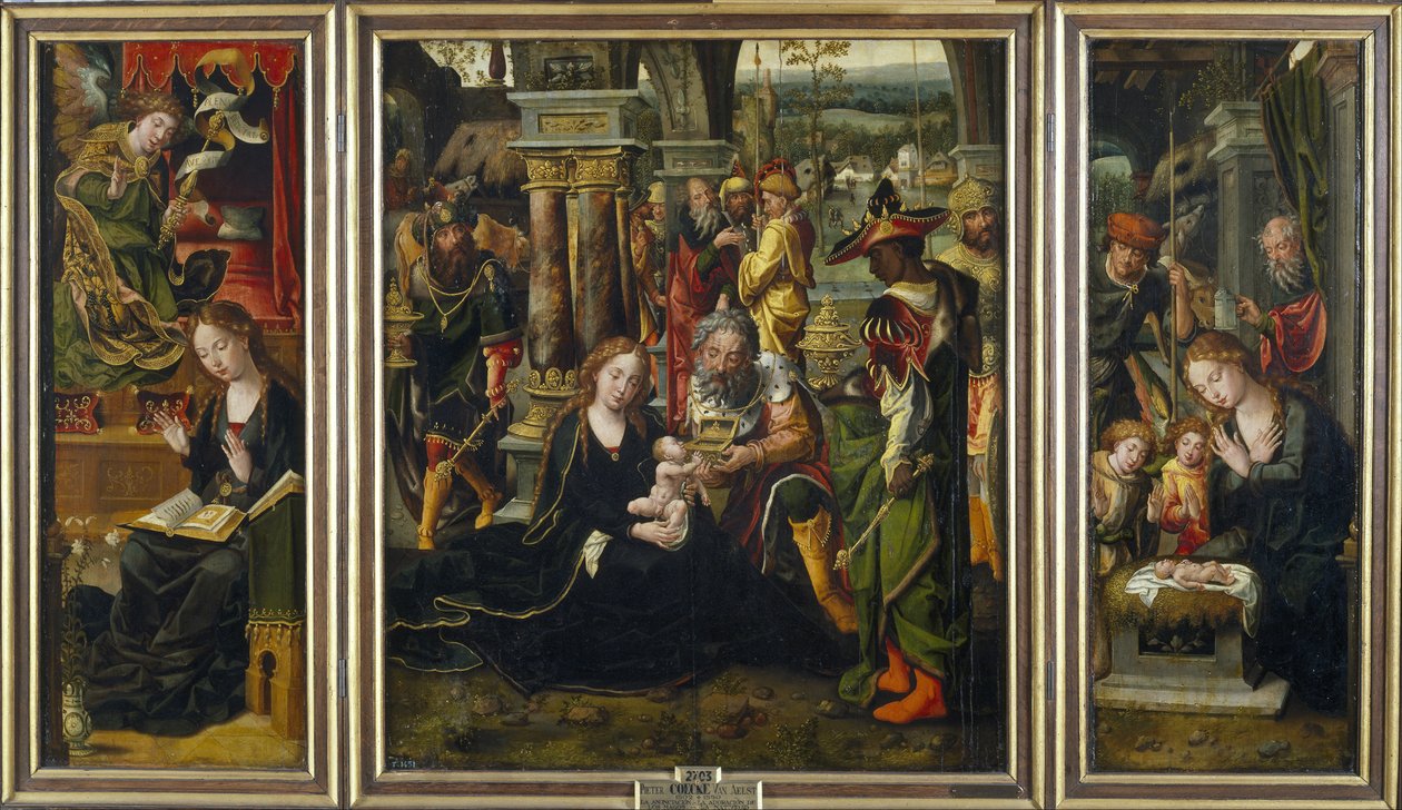 Ilmoitus. Taikaiden palvonta. Paimenten palvonta, toinen neljännes 1 tekijältä Pieter Coecke van Aelst