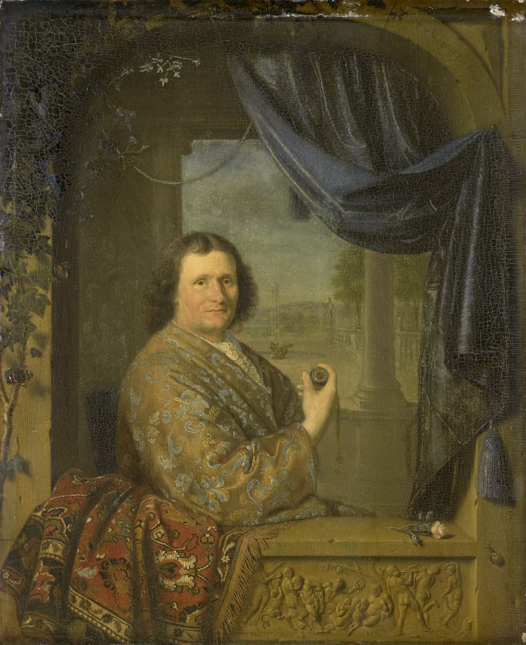 Kelloa pitelevän miehen muotokuva, 1688 tekijältä Pieter Cornelisz Slingelandt van