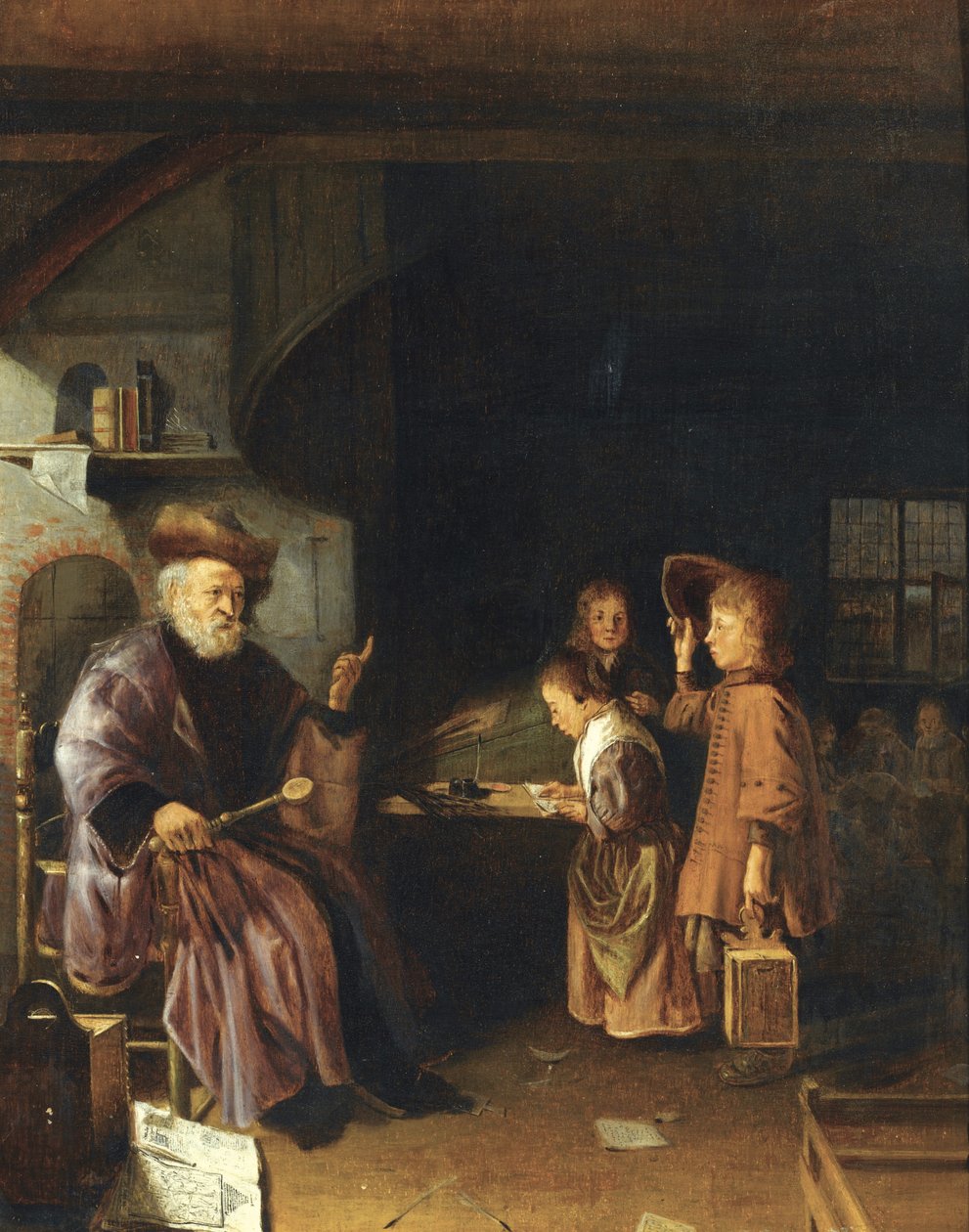 Koulumestari opettamassa oppilaitaan luokkahuoneessa, 1600-luvun puoliväli tekijältä Pieter Cornelisz. van Egmondt