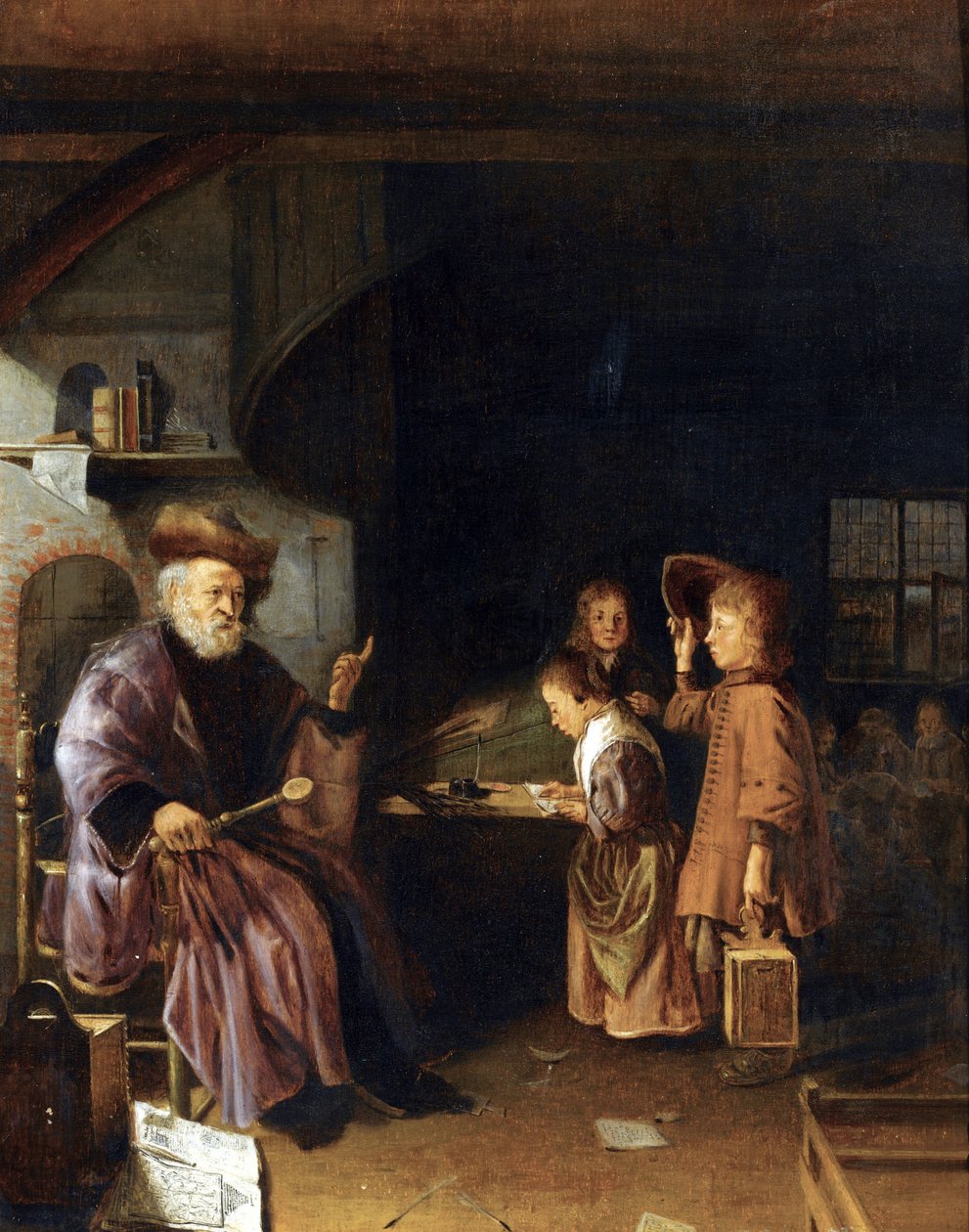 Pieter Cornelisz van Egmondtin koulumestari, joka opettaa oppilaitaan luokkahuoneessa tekijältä Pieter Cornelisz van Egmondt