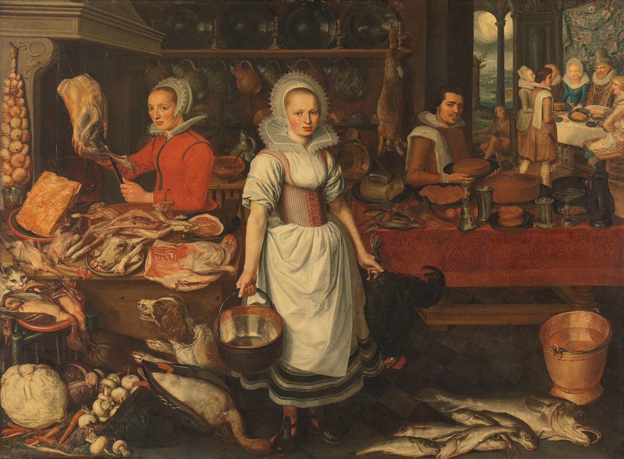 Keittiökohtaus vertauksen kanssa rikkaasta miehestä ja köyhästä Lasaruksesta tekijältä Pieter Cornelisz. van Rijck (attributed to)
