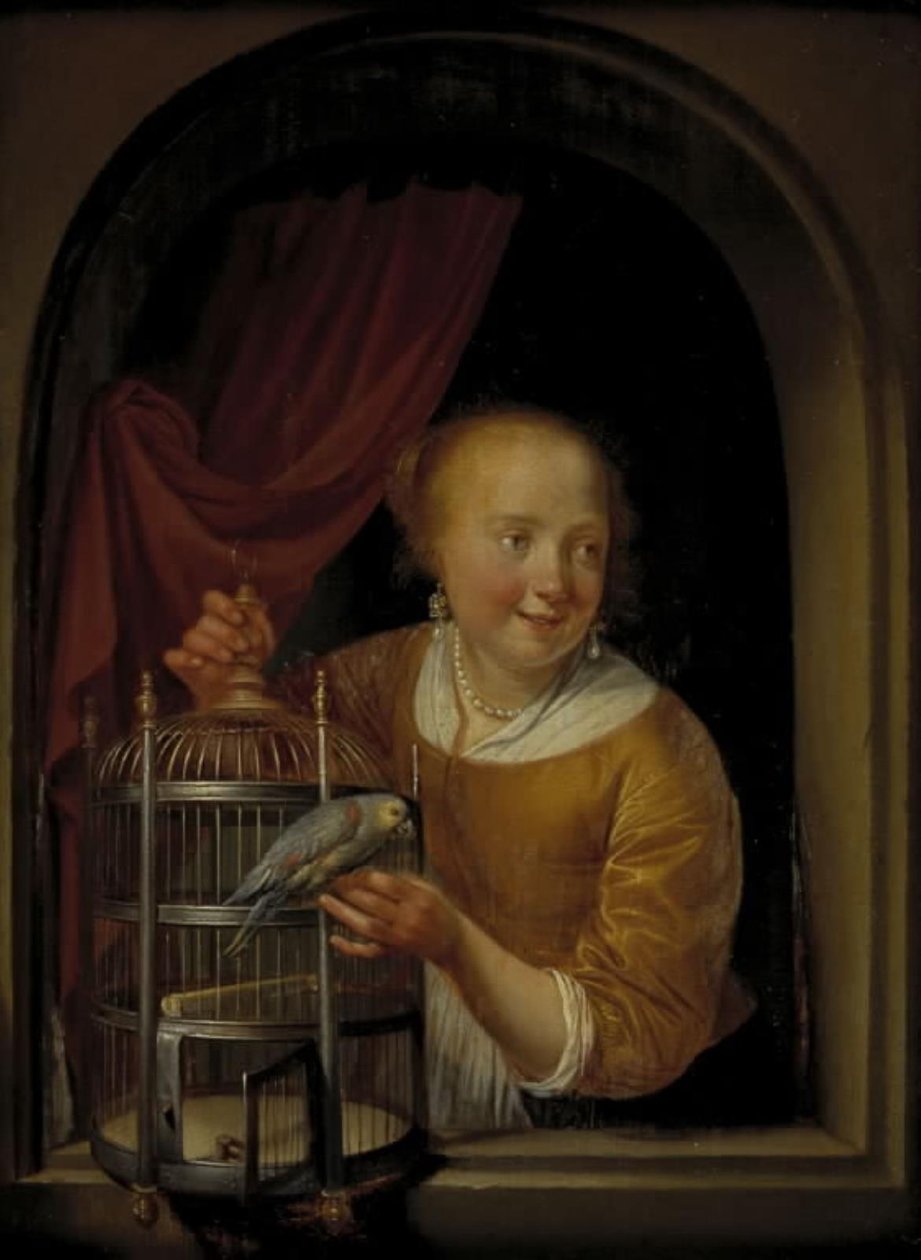 Tyttö papukaijan kanssa tekijältä Pieter Cornelisz. van Slingelandt