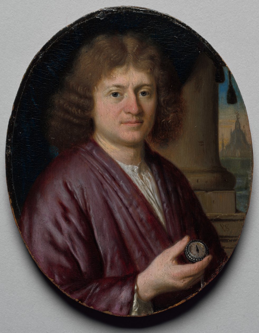Muotokuva miehestä pitelemässä kelloa, c. 1665-70. tekijältä Pieter Cornelisz van Slingelandt