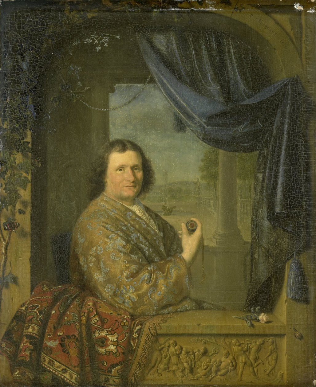 Muotokuva miehestä kellon kanssa tekijältä Pieter Cornelisz. van Slingelandt