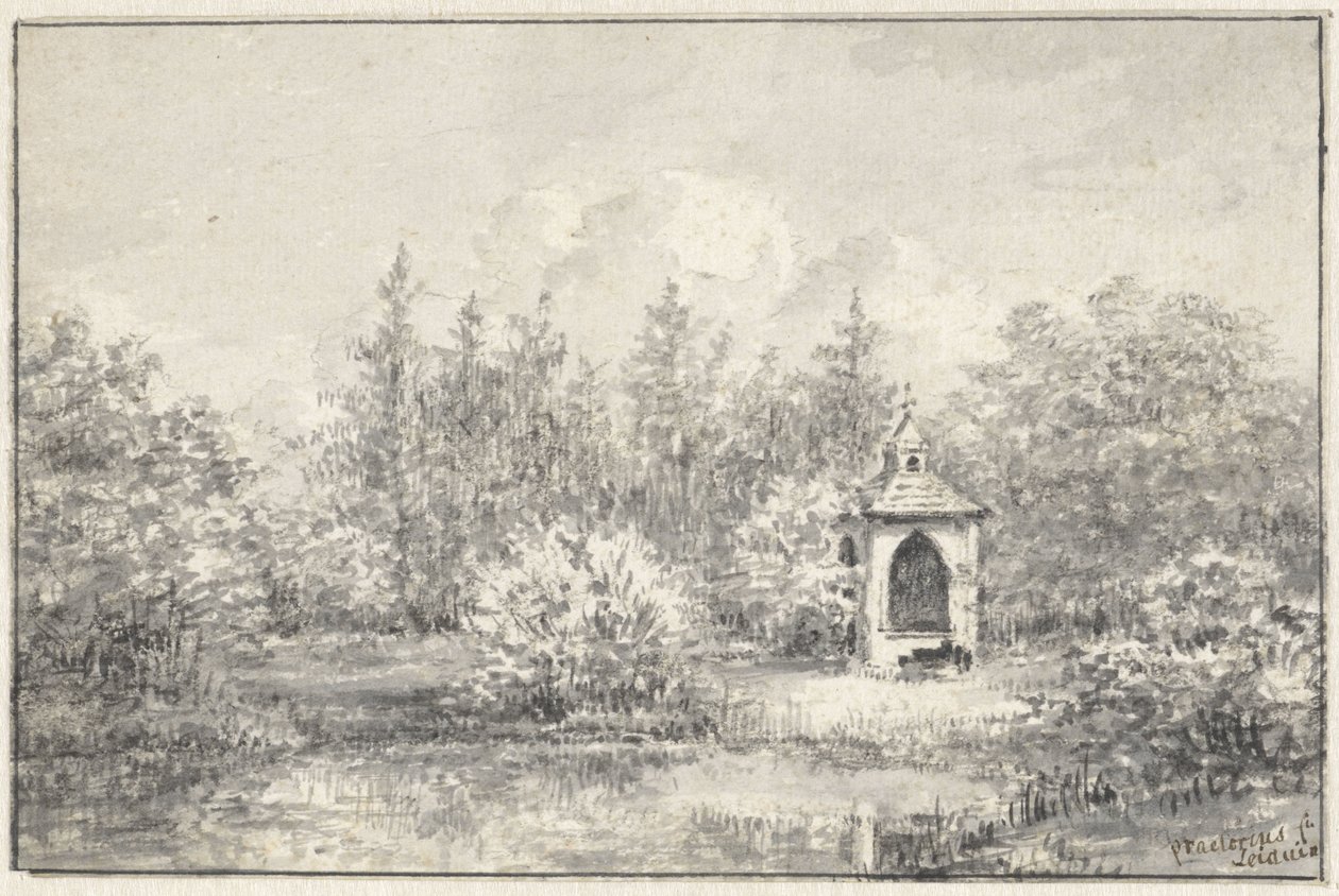 Näkymä Leiduinin puistossa, talo puiden välissä tekijältä Pieter Ernst Hendrik Praetorius