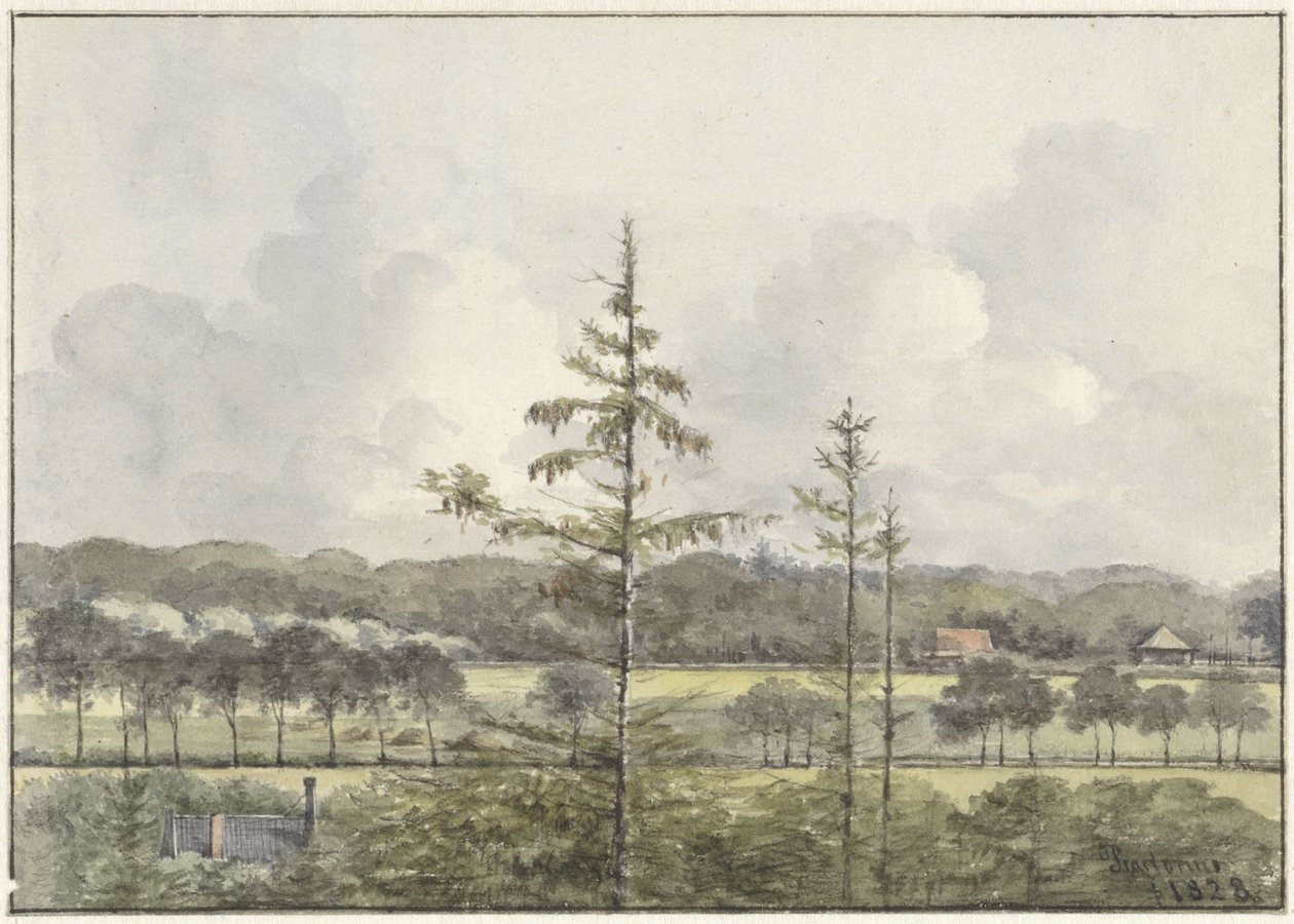 Näkymä niityille maatiloilla tekijältä Pieter Ernst Hendrik Praetorius
