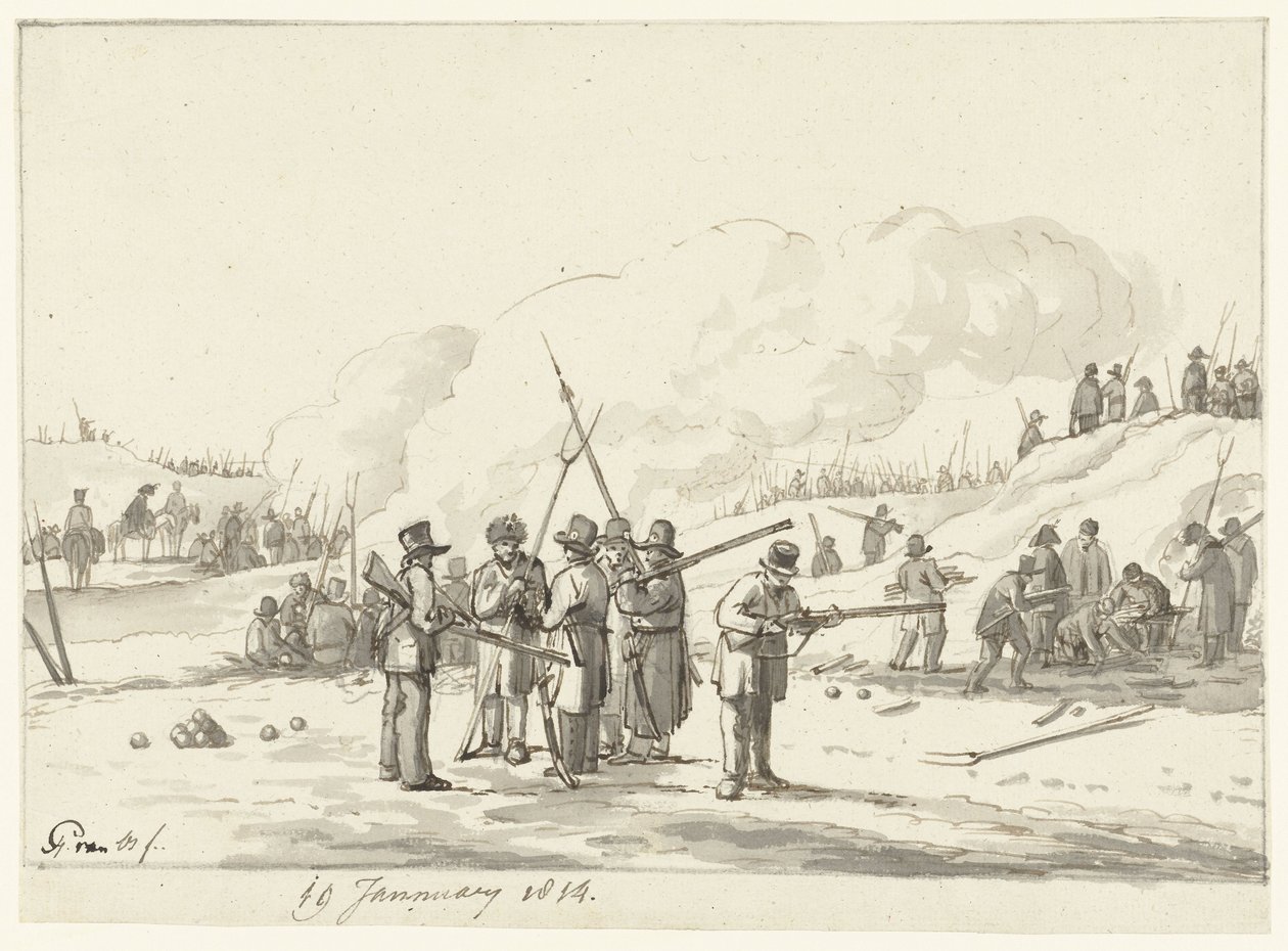 Siviilien leiriytys Pohjois-Hollannin dyyneille, 19. tammikuuta 1814 tekijältä Pieter Gerardus van Os (signed by artist)