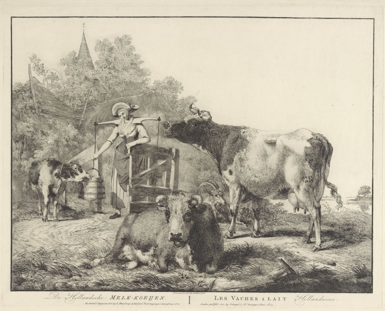 Lehmät ja maitotyttö De Hollandsche Melk-koeijen/ Les vaches â lait hollandaises (otsikko esineessä) tekijältä Pieter Gerardus van Os