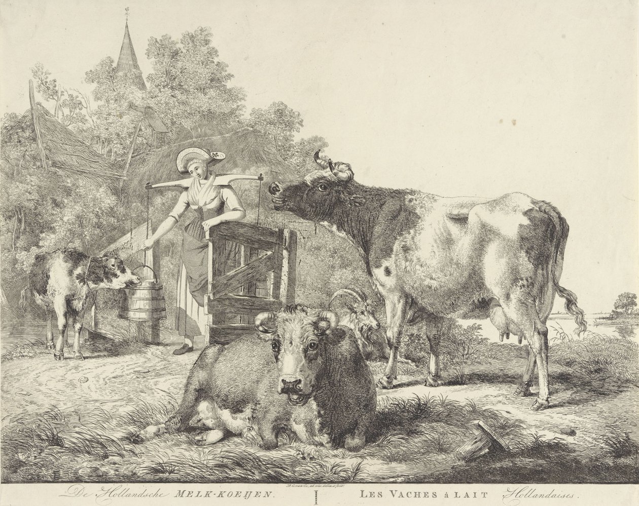 Lehmät ja maitotyttö De Hollandsche Melk-koeijen/ Les vaches â lait hollandaises (otsikko esineessä) tekijältä Pieter Gerardus van Os
