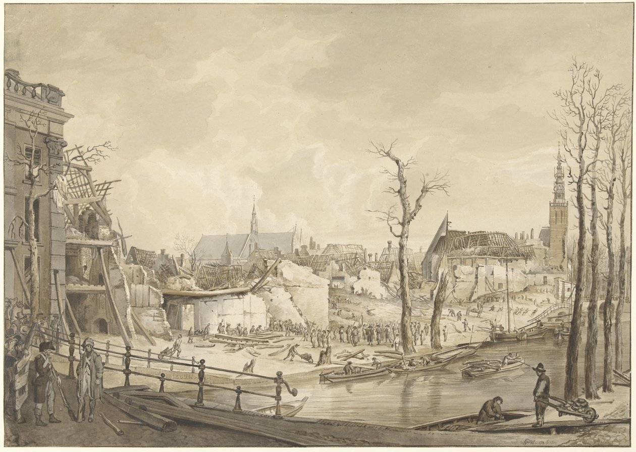 Rauniot Steenschuurin pohjoispuolella Leidenin ruutikatastrofin jälkeen 12. tammikuuta 1807 tekijältä Pieter Gerardus van Os