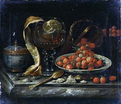 Kiinan sinivalkoisen kulhon ja kannen asetelma, Glass Roemer, kultalusikka ja hedelmä (öljy kankaalle) tekijältä Pieter Gerritsz. van (manner of) Roestraten