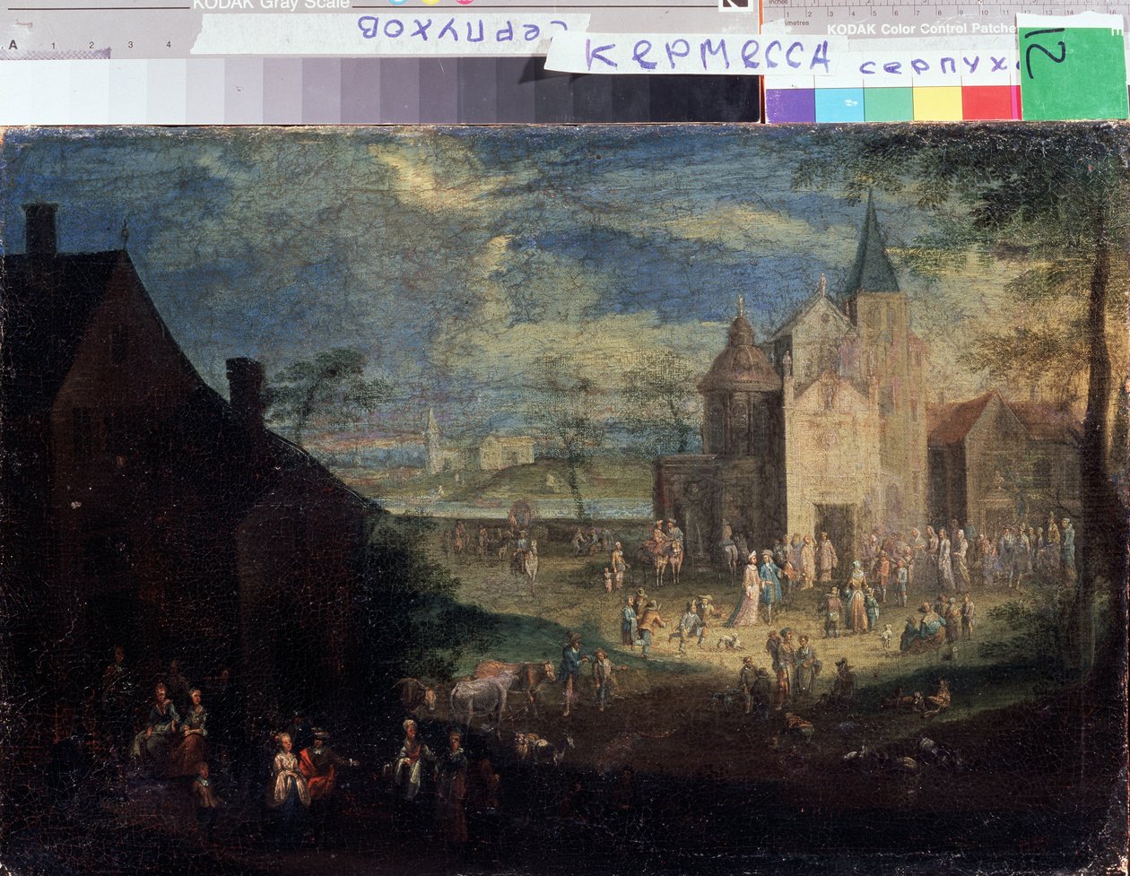 ""Kermesse kylän paikalla"" (Kermis) Kaupunkimaisema Flanderissa. Peter Gyselsin (1621-1690) Serpukhovin maalaus, Venäjän valtion historian ja taiteen museo tekijältä Peeter Gijsels