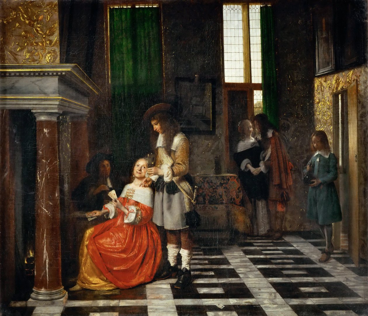 Kortinsoittajia ylellisessä sisustuksessa tekijältä Pieter Hooch de