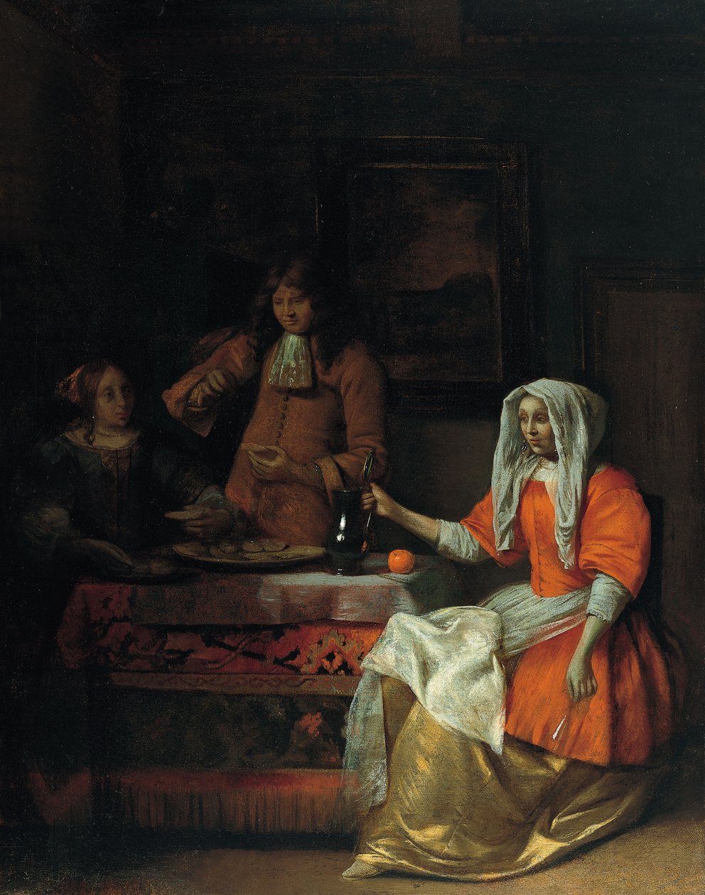 Sisustus, jossa kaksi naista ja mies juovat ja syövät ostereita tekijältä Pieter Hooch de