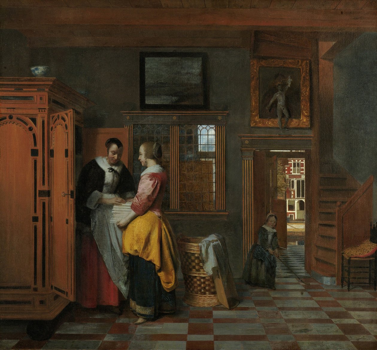 Sisustus naisilla pellavaarkun vieressä, 1663 tekijältä Pieter Hooch de