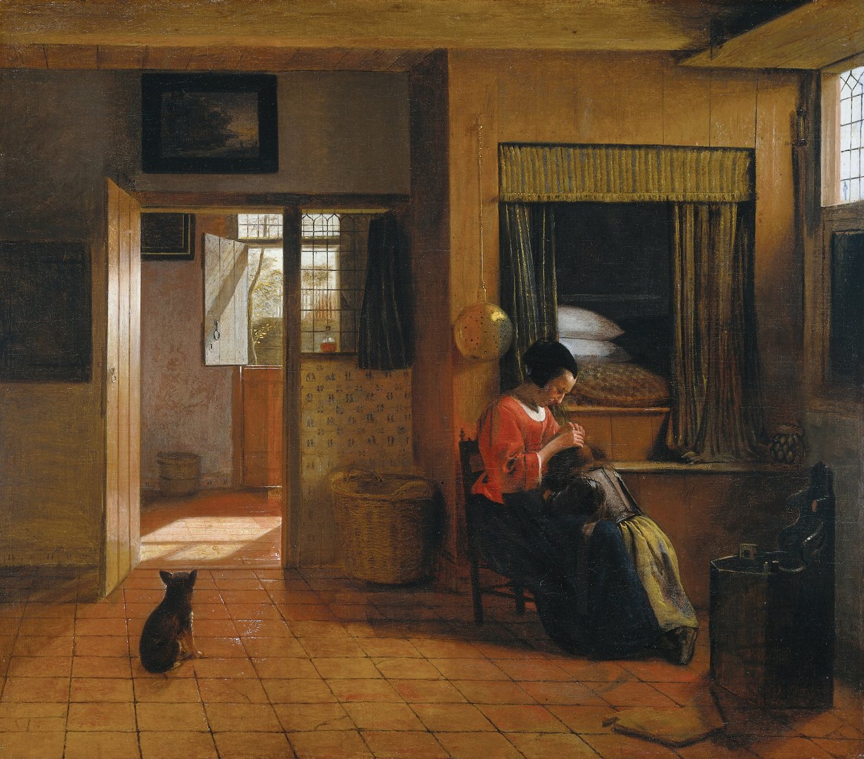 Sisustus, jossa äiti tuhoaa lapsensa hiuksia Äidin velvollisuus, 1659-1660 tekijältä Pieter Hooch de