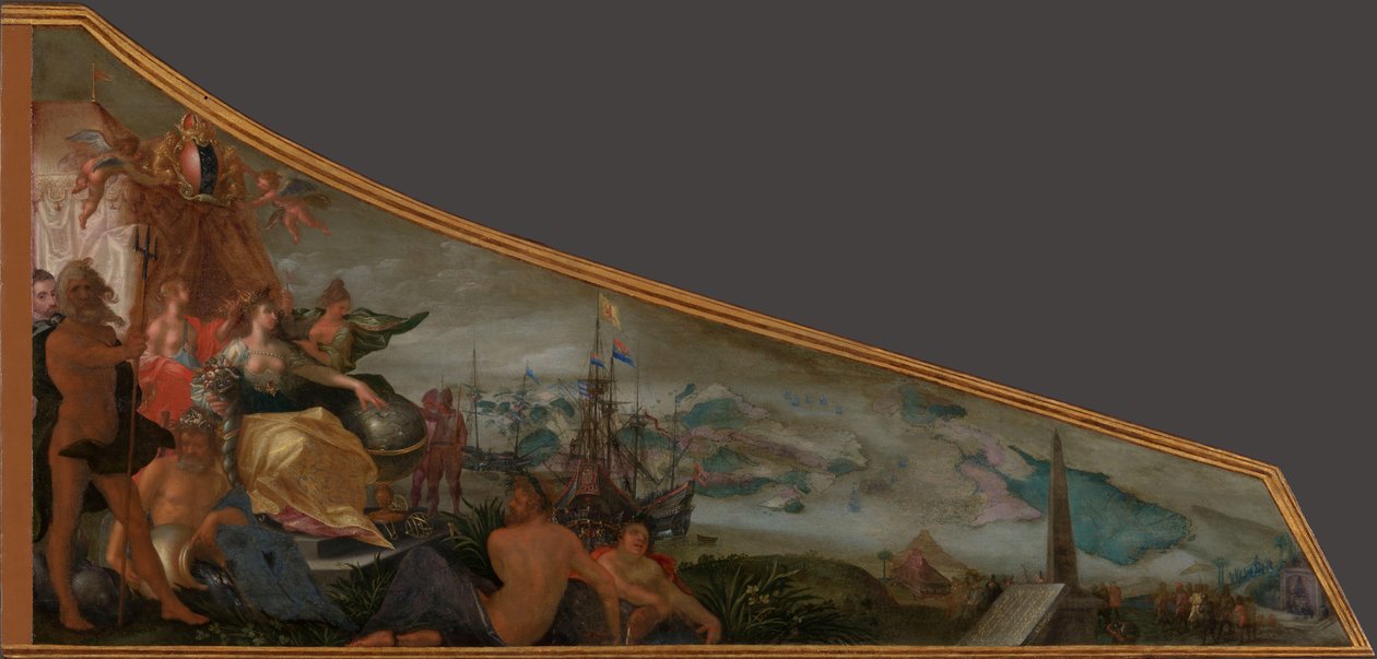 Amsterdam maailmankaupan keskuksena Maalaus cembalokannelle, jossa on Amsterdamin allegoria maailmankaupan keskuksena tekijältä Pieter Isaacsz.