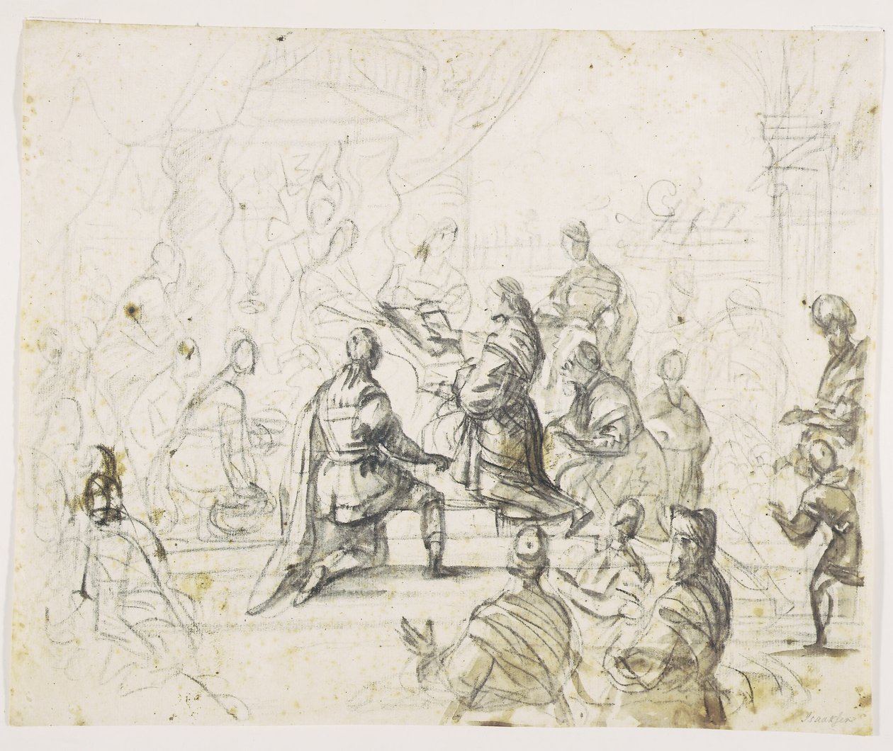 Figuurit polvistuvat kuninkaan edessä valtaistuimella tekijältä Pieter Isaacsz