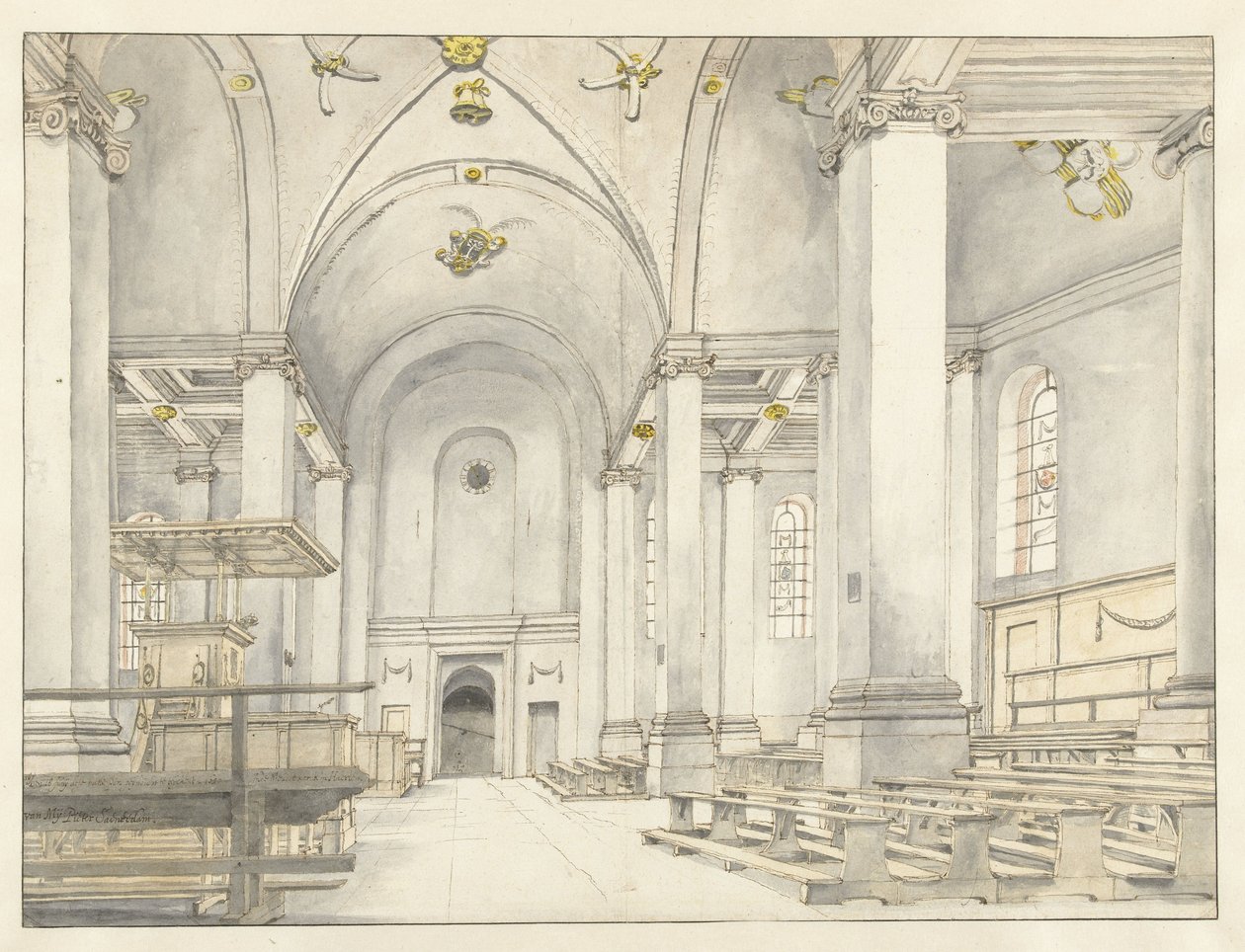 Näkymä Nieuwe Kerkin laivalle, Haarlem, katse länteen tekijältä Pieter Jansz Saenredam