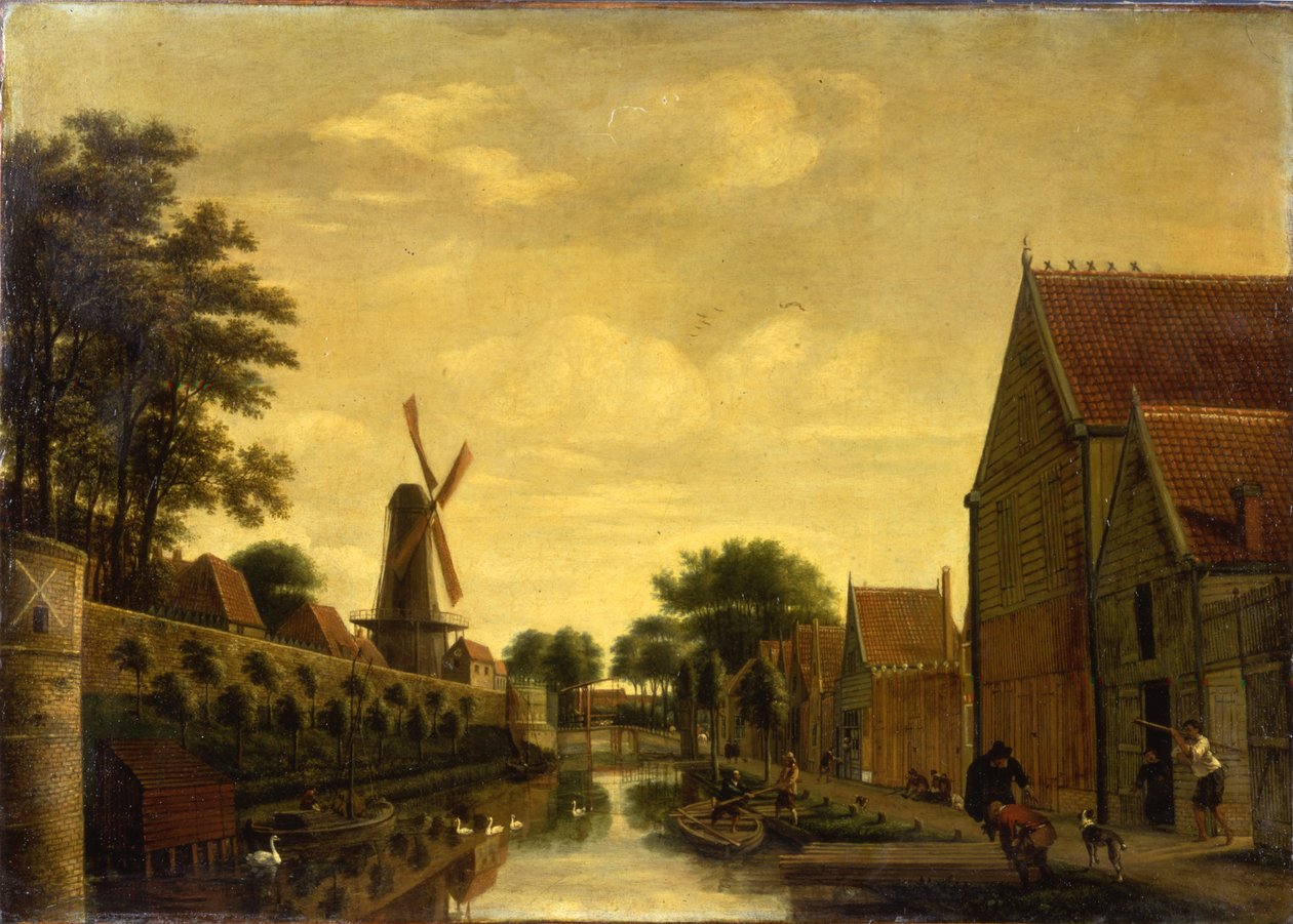 Kanava kaupunginmuurilla, jossa työläiset purkavat puutavaraa, n. 1650 tekijältä Pieter Jansz. van Asch