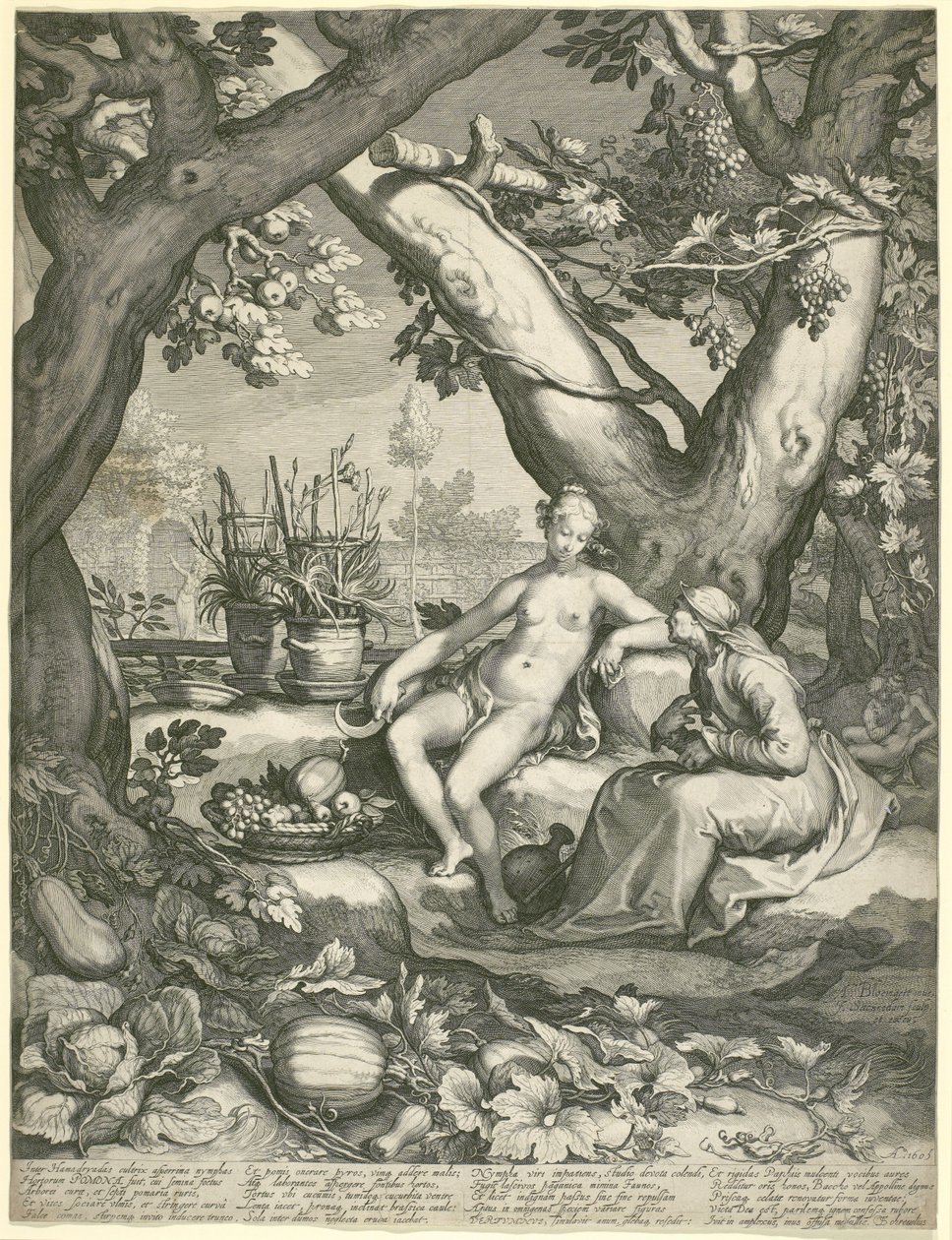 Vertumnus lainaa vanhan naisen hahmoa voittaakseen Pomonas-rakkauden, 1605 (kaiverrus paperille) tekijältä Pieter Janszoon Saenredam