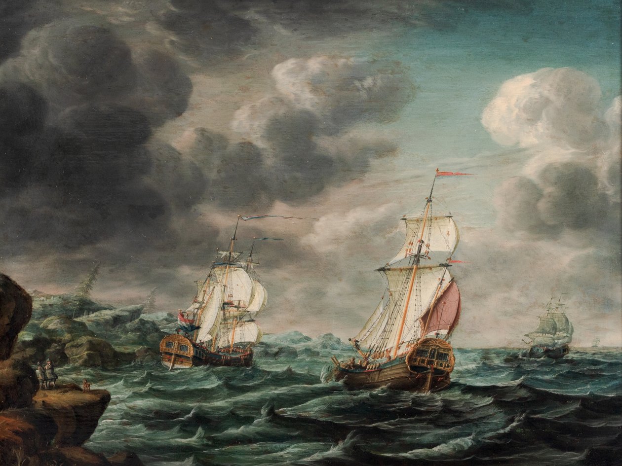 Hollantilainen Man-o’-sota ja kauppa-alukset kallioisella niemellä tekijältä Pieter Jochums Lofvers