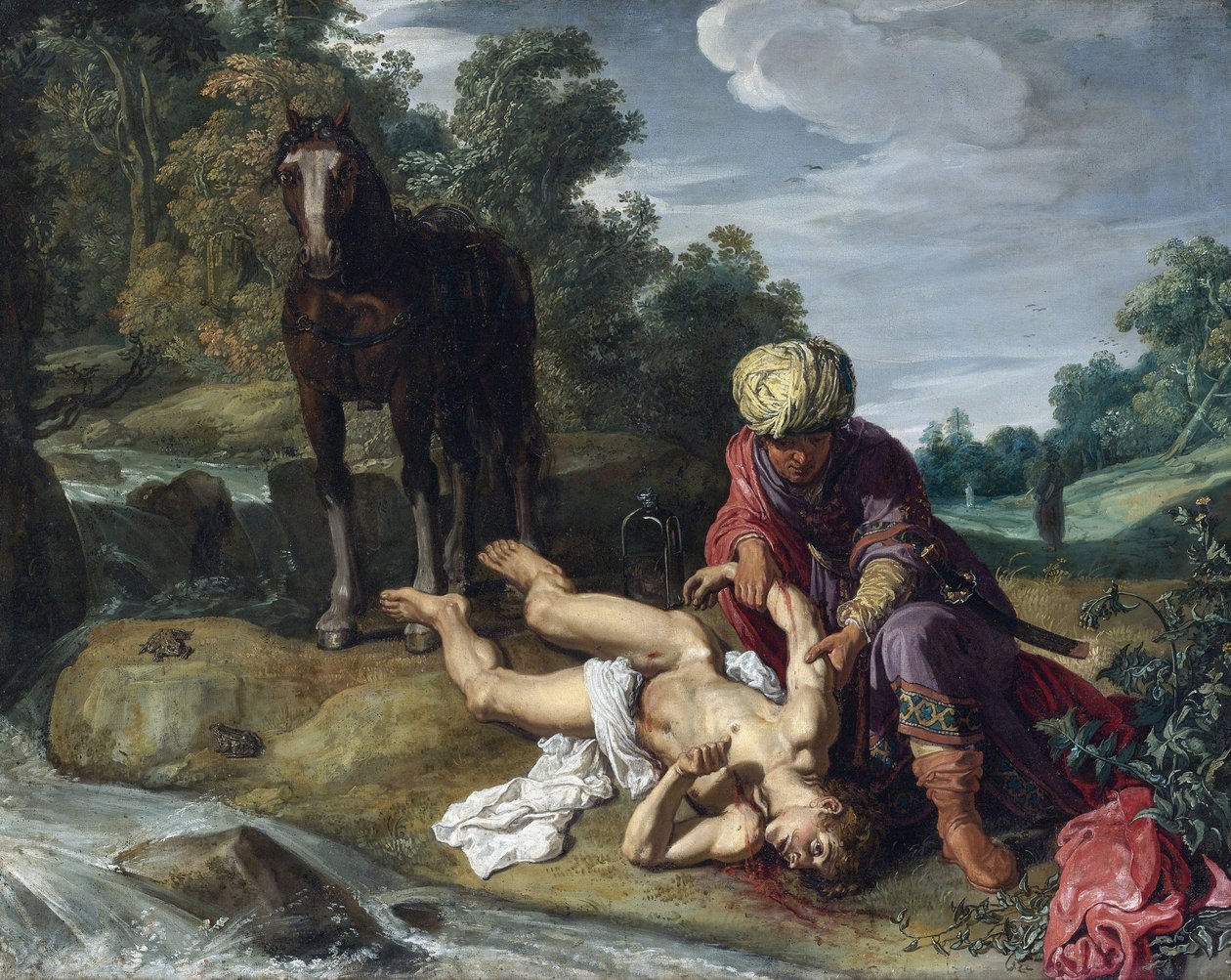 Bon Samaritain - Laupias samarialainen - Peinture de Pieter Pietersz Lastman (1583-1633), n. 1612 - Öljy kankaalle tekijältä Pieter Lastman