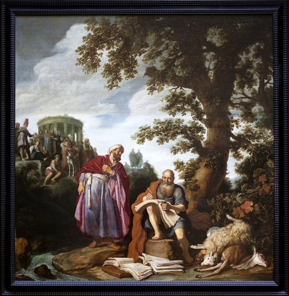 Hippokrates (Cosista, 460-370 eKr.) vierailee Demokriittissa (Abderesta 460-370 eKr.). Pieter Lastmanin (1583-1633) maalaus Öljy kankaalle tekijältä Pieter Lastman