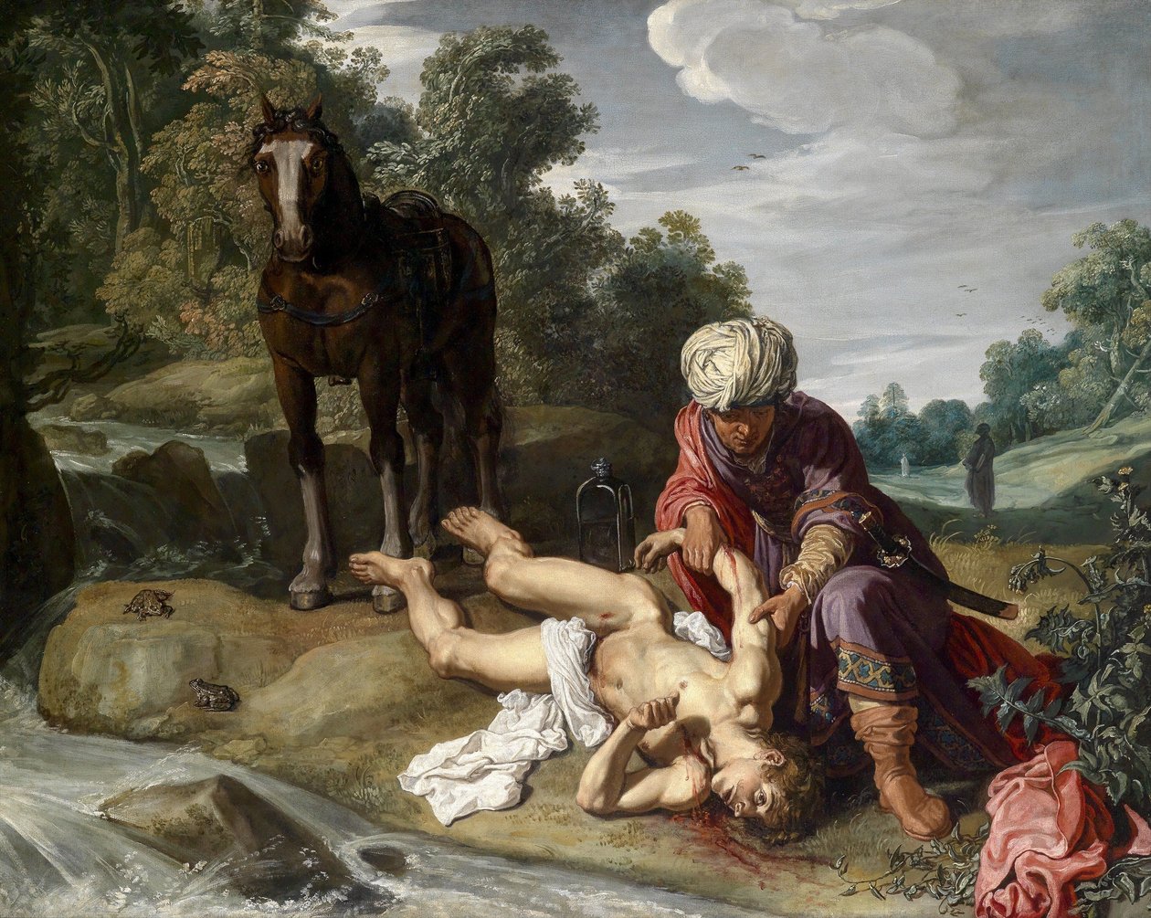 Laupias samarialainen hoitaa kulkijan haavoja (Luuk. 10:25-37). tekijältä Pieter Lastman