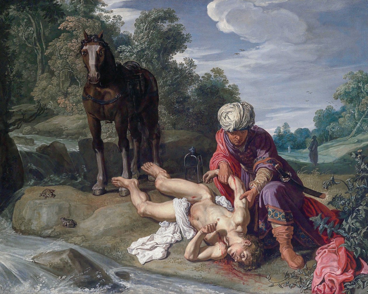 Laupias samarialainen hoitaa kulkijan haavoja (Luuk. 10:25-37). tekijältä Pieter Lastman