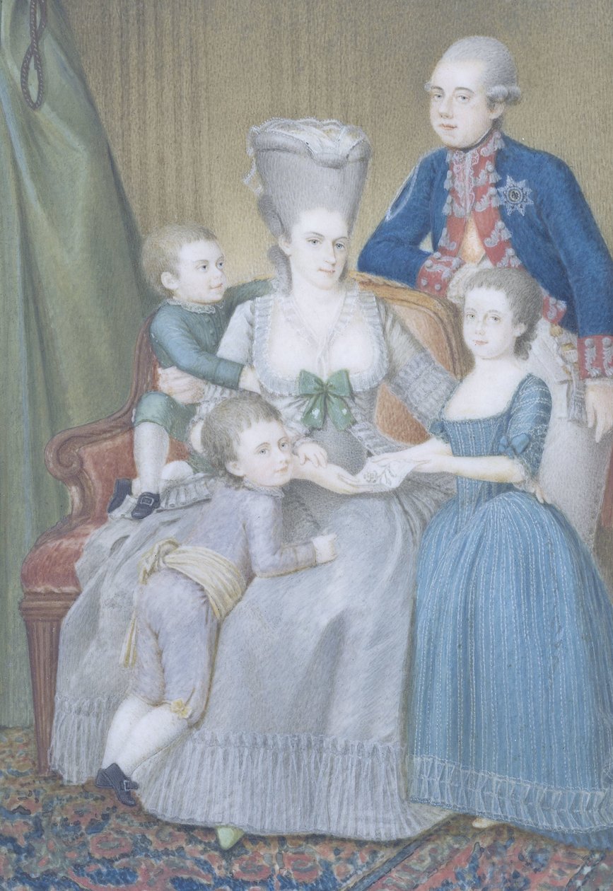 Willem V (1748-1806), Orange-Nassaun prinssi, vaimonsa Frederika Sophia Wilhelminan kanssa Preussin ja heidän lastensa Frederica Louisa Wilhelminan, Willem Frederikin ja Willem George Frederikin kanssa tekijältä Pieter Lesage