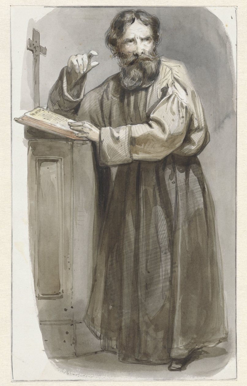 Pysyvä pappi puhujapuhujan edessä, krusifiksi ja raamattu tekijältä Pieter Marinus van de Laar (attributed to)