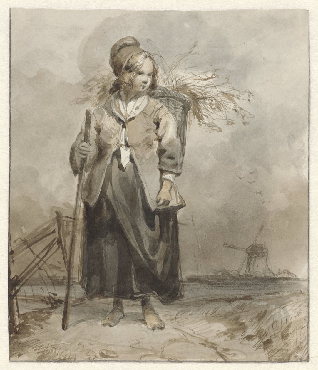 Seisova nainen kepillä ja korilla takana tekijältä Pieter Marinus van de Laar (attributed to)