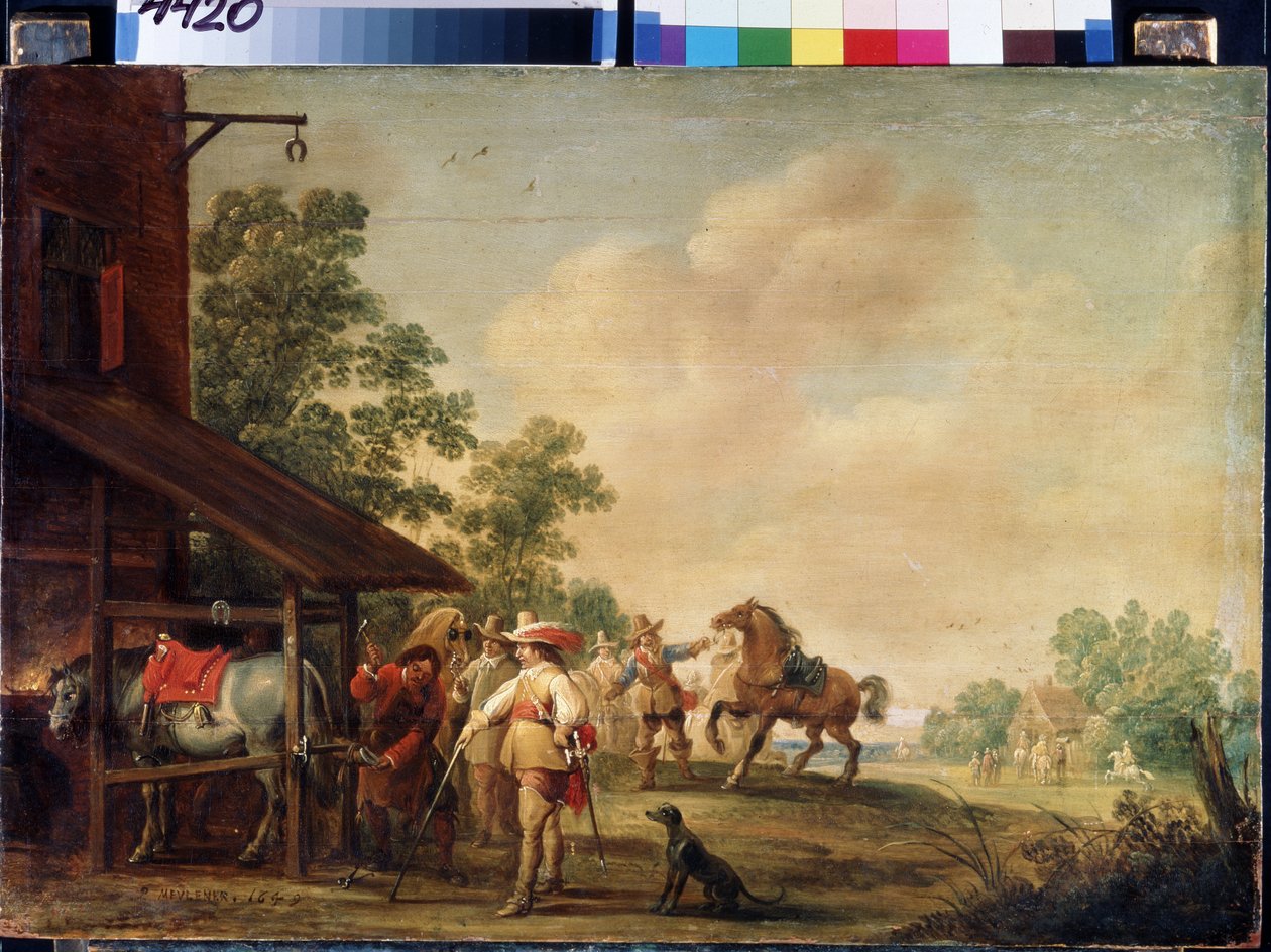 Forge (A Forge). Farrier (farrier) laittaa hevosenkengän. Pieter Meulenaerin maalaus (Peter tai Pierre tekijältä Pieter Meulener