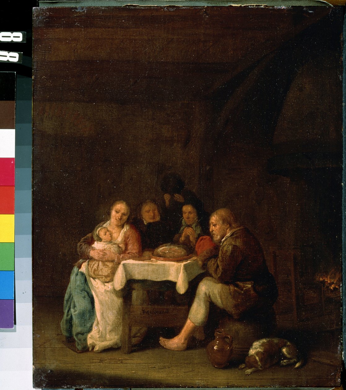 ""Rukous ennen illallista"" (The Prayer Before Dinner) Armon hetki hollantilaisen vaatimattomien varojen aterian aikana. Peeter Meulenaerin (1602-1654) maalaus 1600-luvun Mihail Kroshitskyn taidemuseo, Sevastopol (Sevastopol) Ukr tekijältä Pieter Molenaer