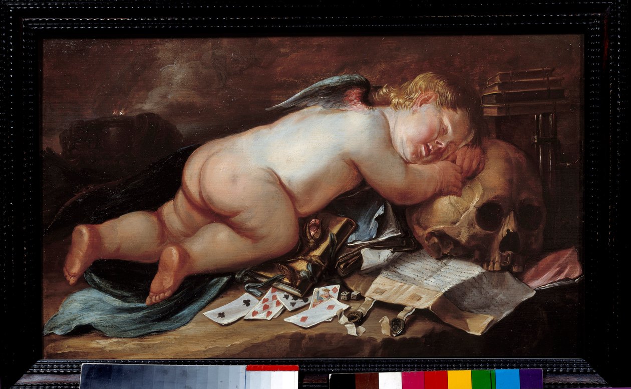 Rakastan kuoleman pään päällä nukkumista. Pieter Moninckxin (1606 - 1686) maalaus (vanite) Ec. Flam. tekijältä Pieter Moninckx