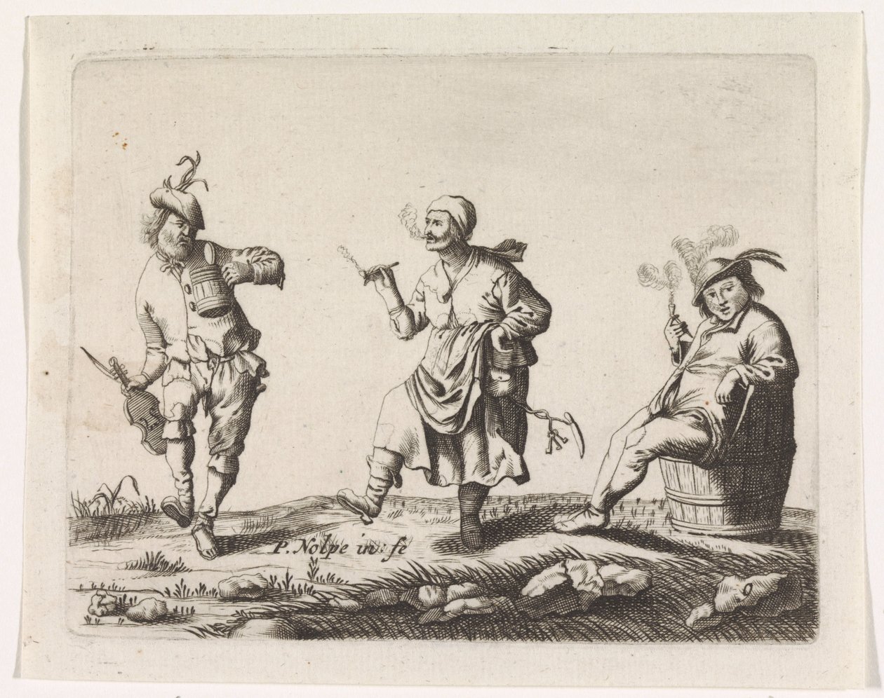 Tanssiva maanviljelijä ja maanviljelijän vaimo ja mies tynnyrissä tekijältä Pieter Nolpe