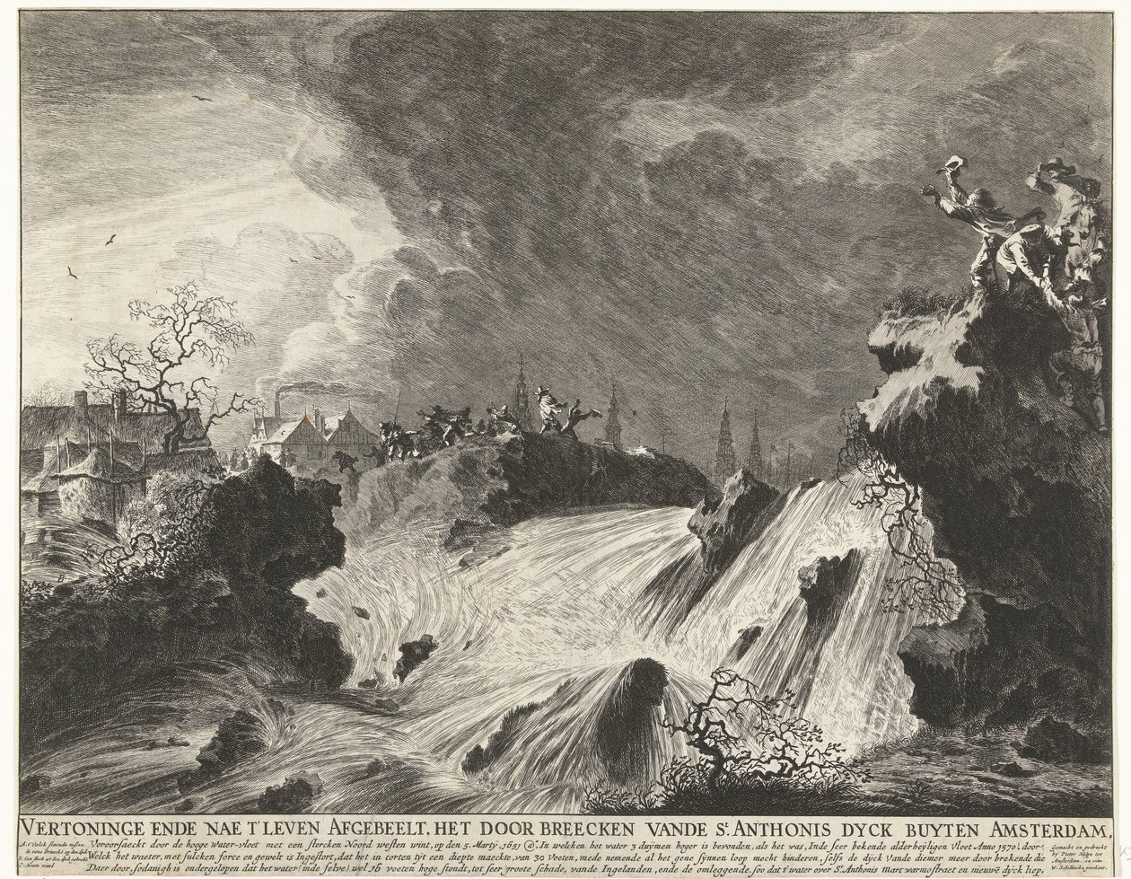 Pyhän Antoniuksen padon murtuminen lähellä Amsterdamia Sint-Antoniesdijkin läpimurto 5. maaliskuuta 1651 Näytetään ende nae t