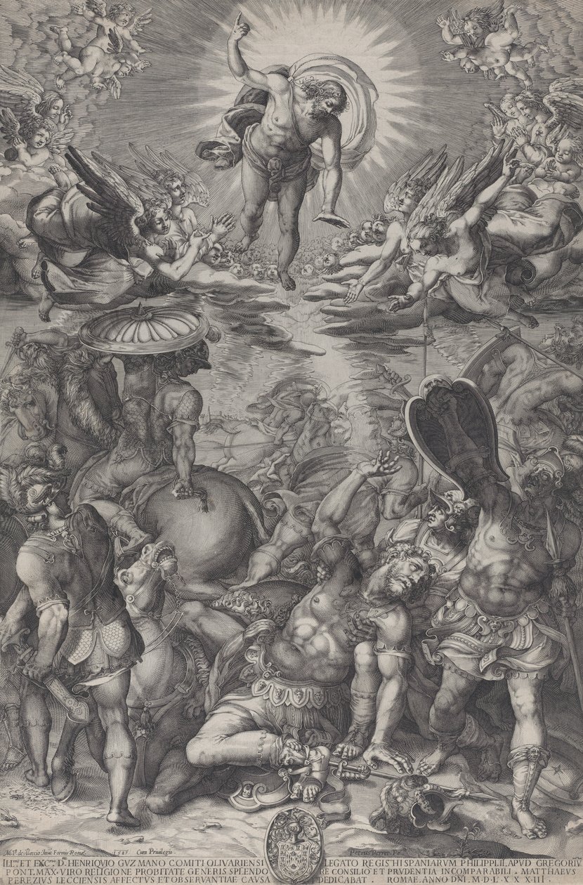 Saulin kääntymys, joka makaa maassa hevosten ja sotilaiden ympäröimänä Kristuksena..., 1583 tekijältä Pieter Perret