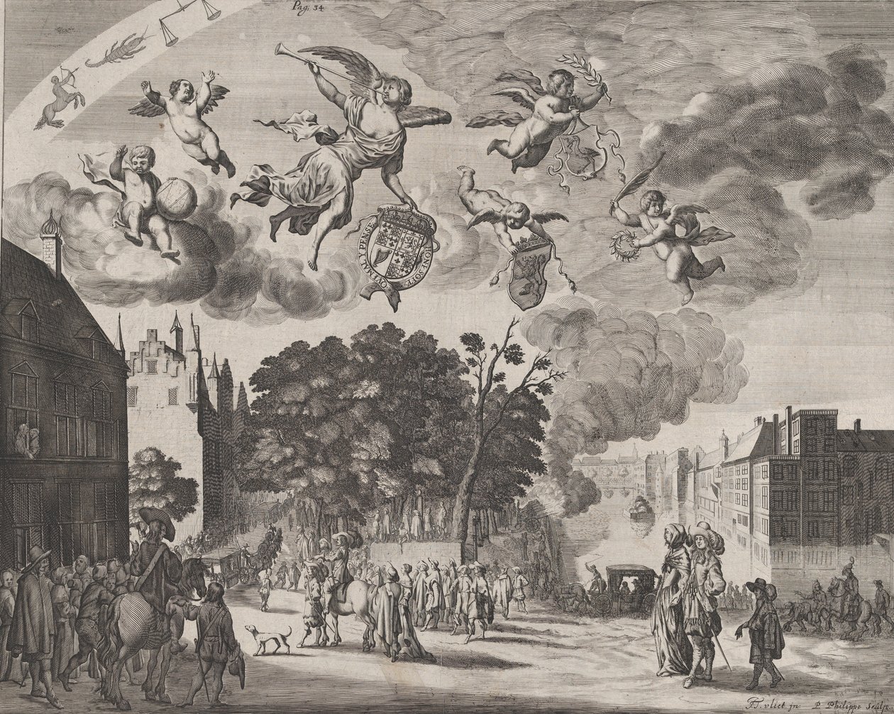 Kaarle II saapumassa Haagiin vaunussa, jossa Mauritshuit oikealla, Verhasta..., 1660. tekijältä Pieter Philippe