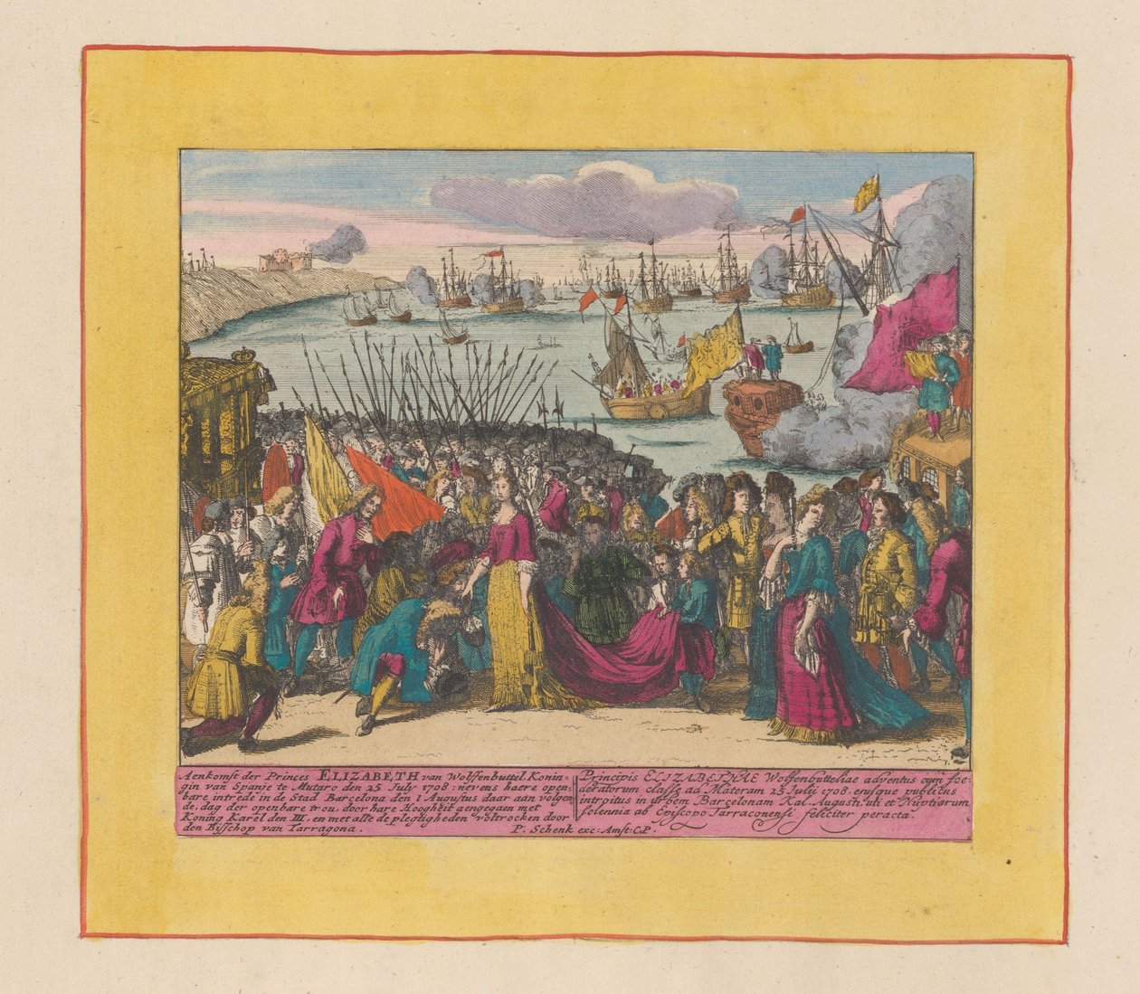 Wolfenbüttelin prinsessa Elisabeth Christinen saapuminen Mutaroon, 1708 Wolfenbutelin prinsessa Elisabetin saapuminen Espanjan kuningattaren (...) (otsikko esineessä) Sotateatteri, kuningas Kaarle II:n alku. Kuningas Karel de I asti tekijältä Pieter Schenk (I)