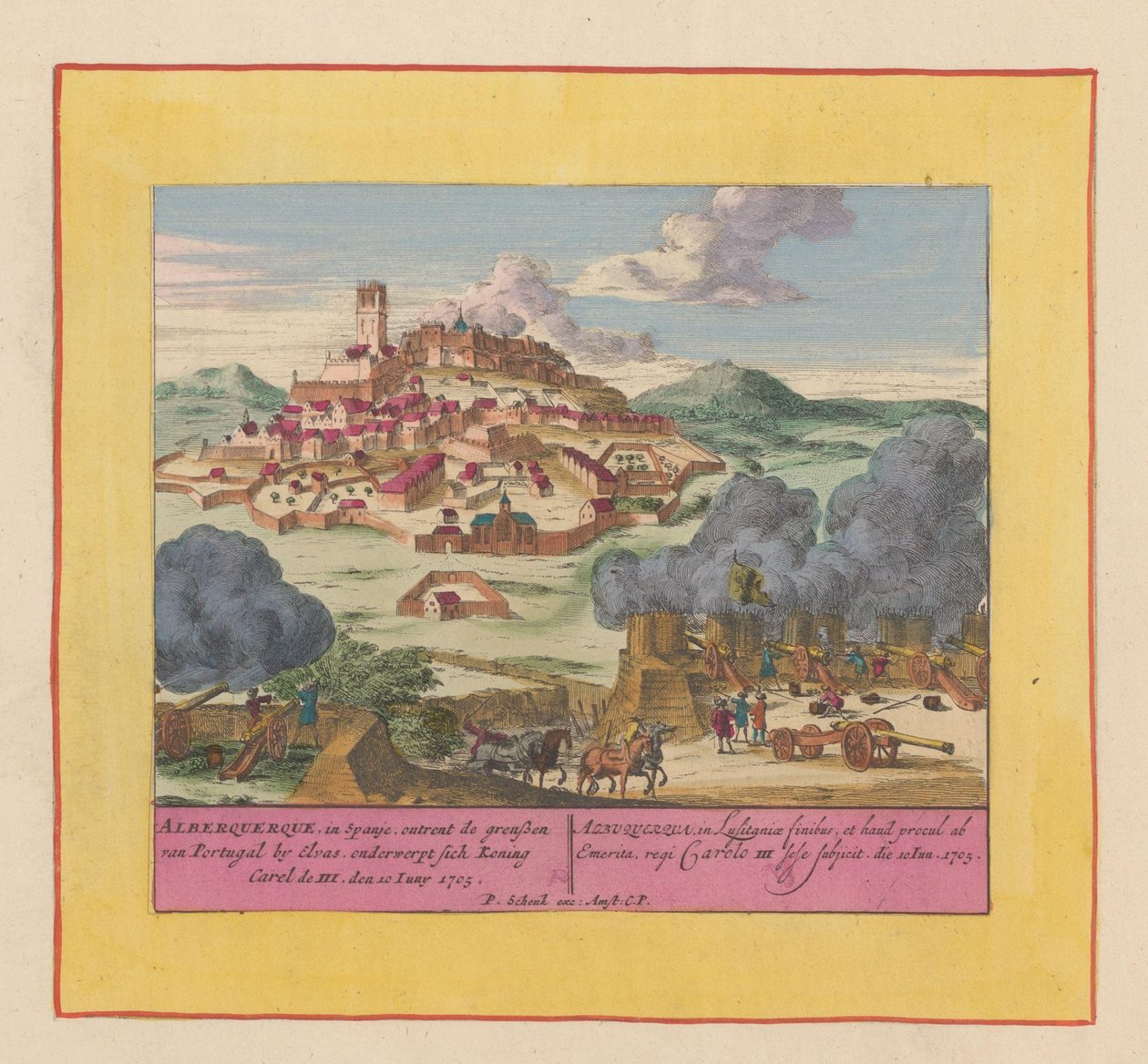 Albuquerquen piiritys 1705 Alberquerque, Espanjassa, Portugalin rajalla Elvasissa, alistaa itsensä kuningas Carel III:lle, 10. kesäkuuta 1705 (otsikko esineessä) Sotateatteri, kuningas Kaarle II:n alku. Nähdään King Karissa tekijältä Pieter Schenk (I)