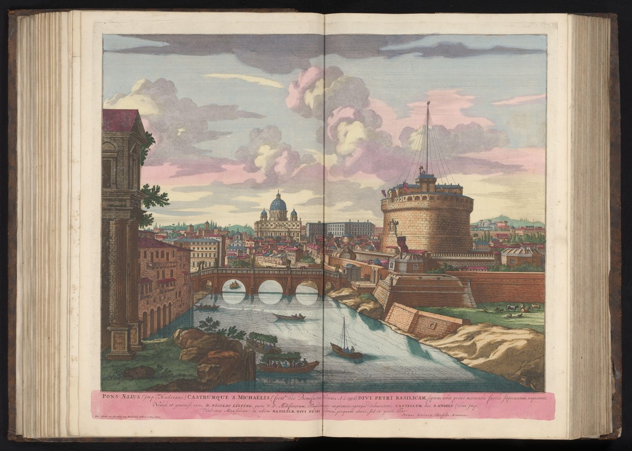 Engelenburcht, Sint-Pietersbasiliek en de Rivier de Tiber Aeliuksen silta (Hadrianuksen impeeri) ja Pyhän Mikaelin linna (...) (otsikko esineessä) tekijältä Pieter Schenk (I)